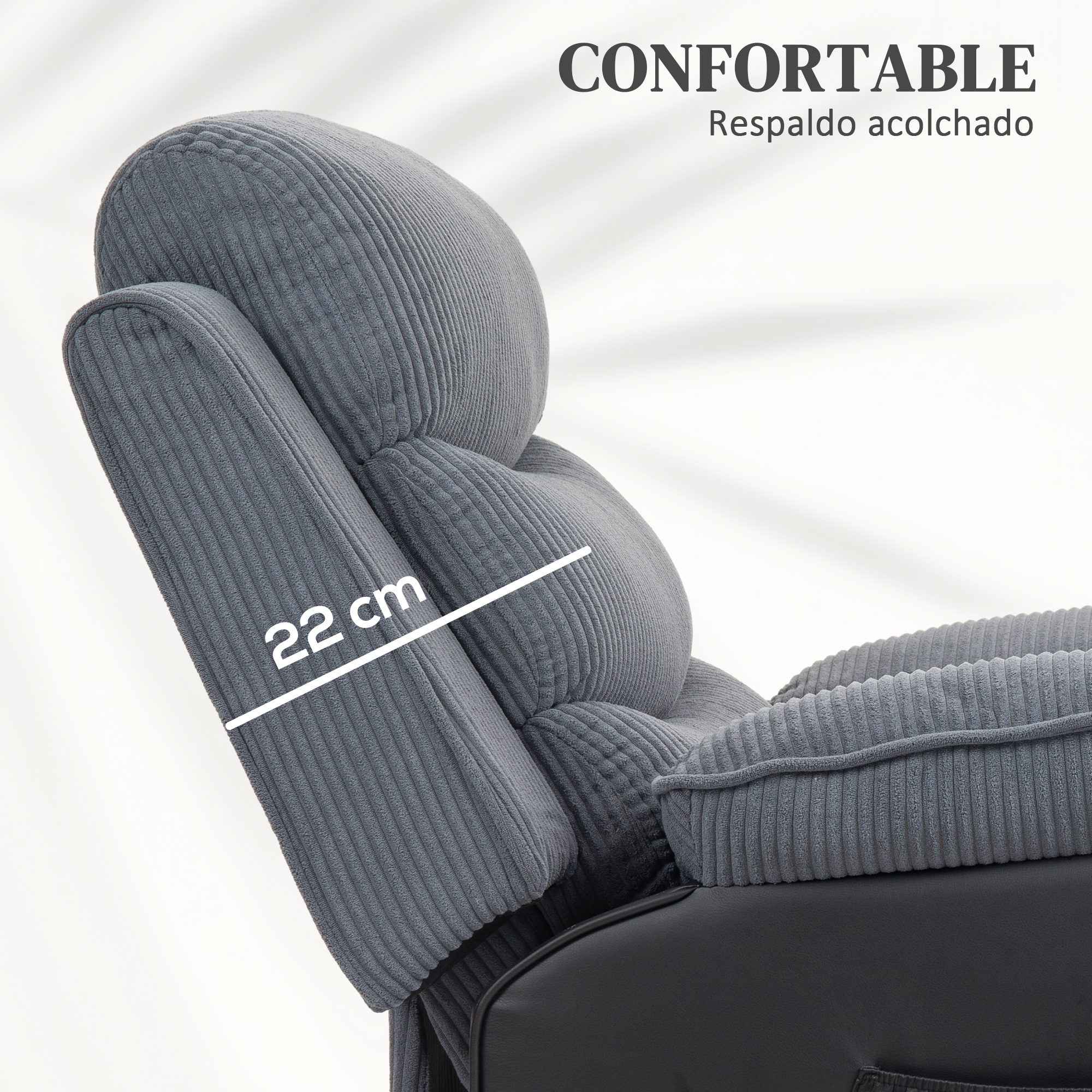 Sillón tapizado gris con tejido de pana y medida de 22 cm.