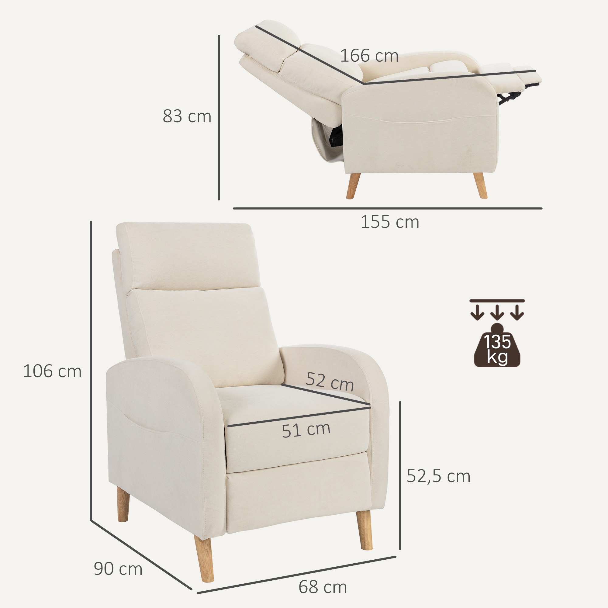 Sillón reclinable beige con medidas: 106x90x68cm. Se reclina hasta 166cm.