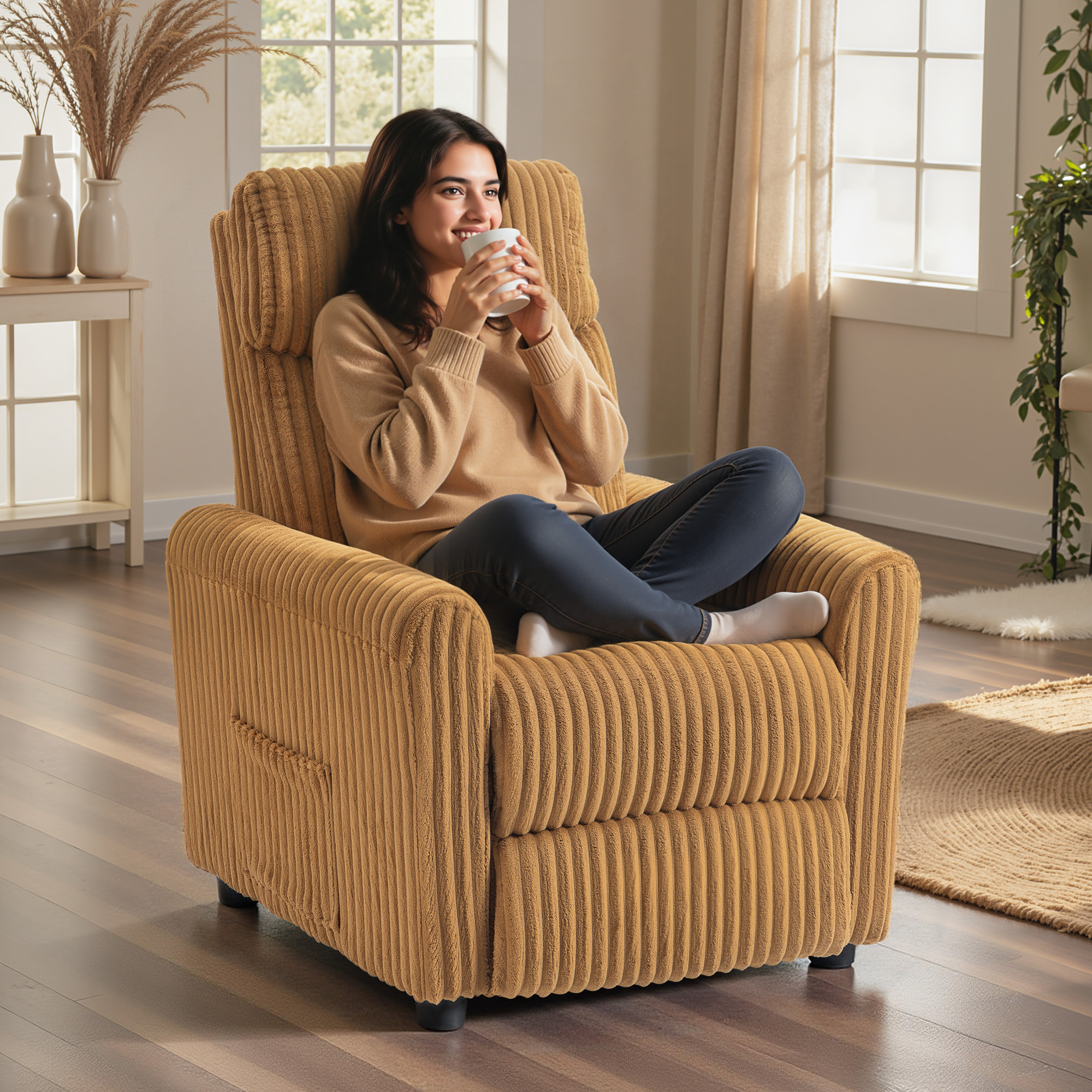 Una mujer sentada en un sillón de pana marrón, bebiendo de una taza.