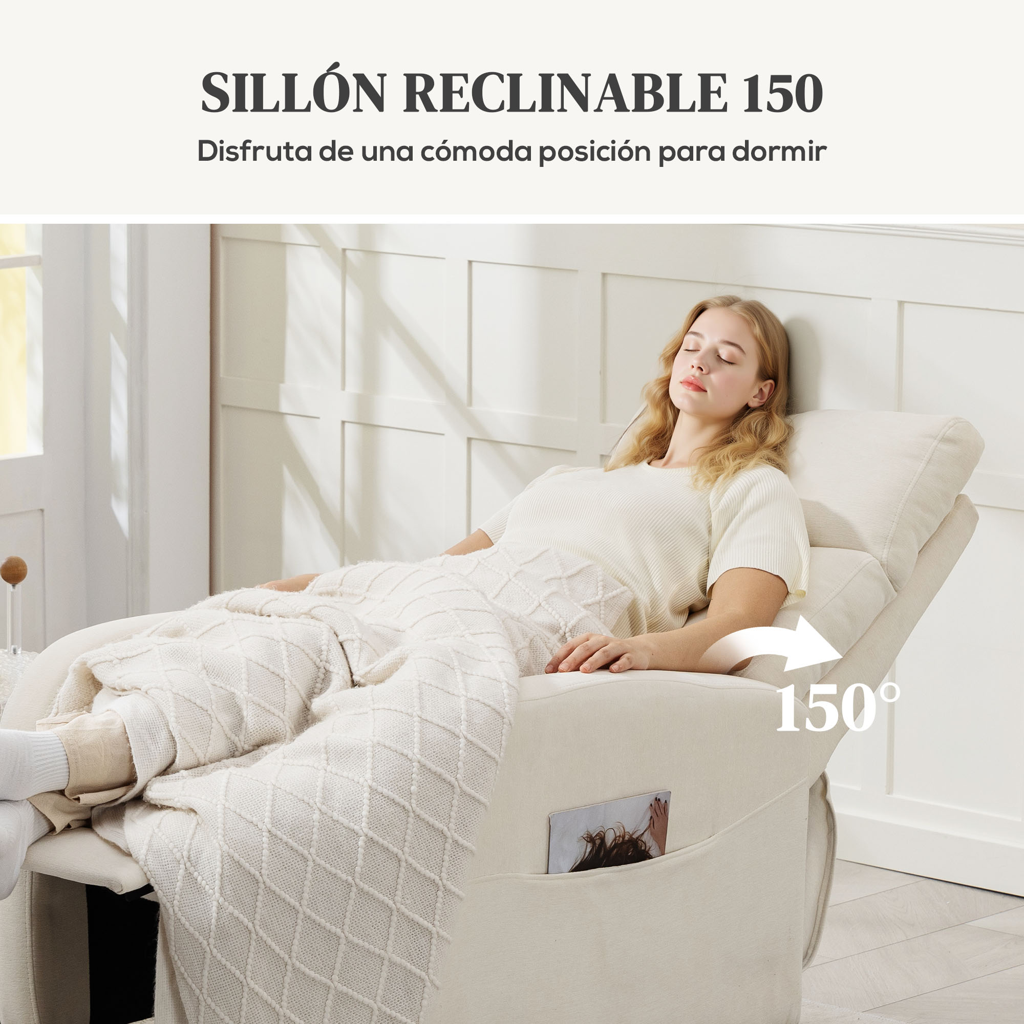 Mujer descansando en sillón beige con manta. 150 grados.