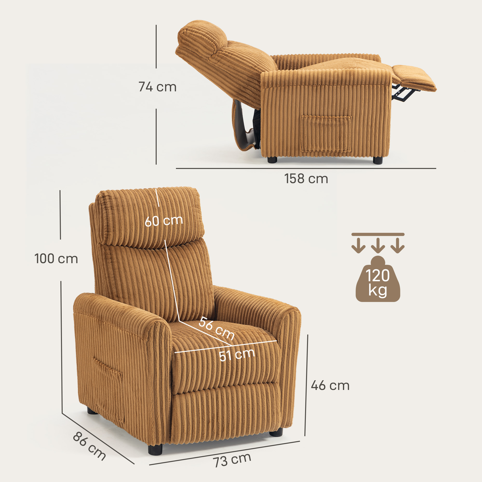 Sillón reclinable de pana marrón, mostrado erguido y reclinado, con dimensiones.