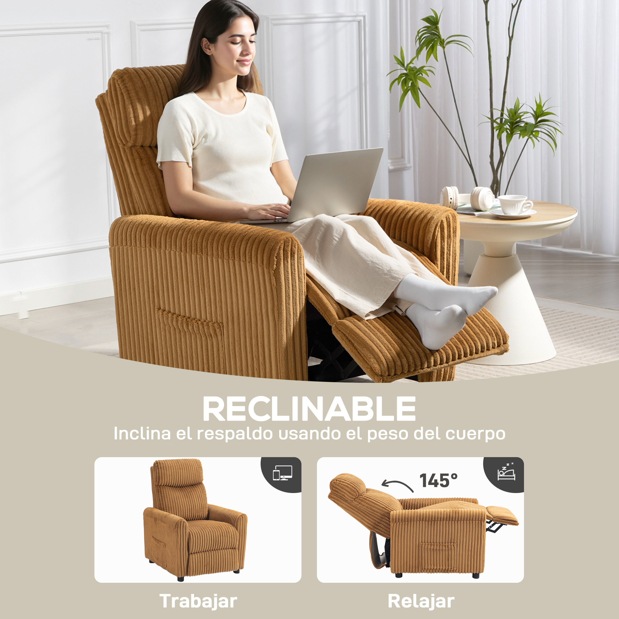 Una mujer se sienta en un sillón reclinable marrón usando una laptop. El sillón es ajustable.