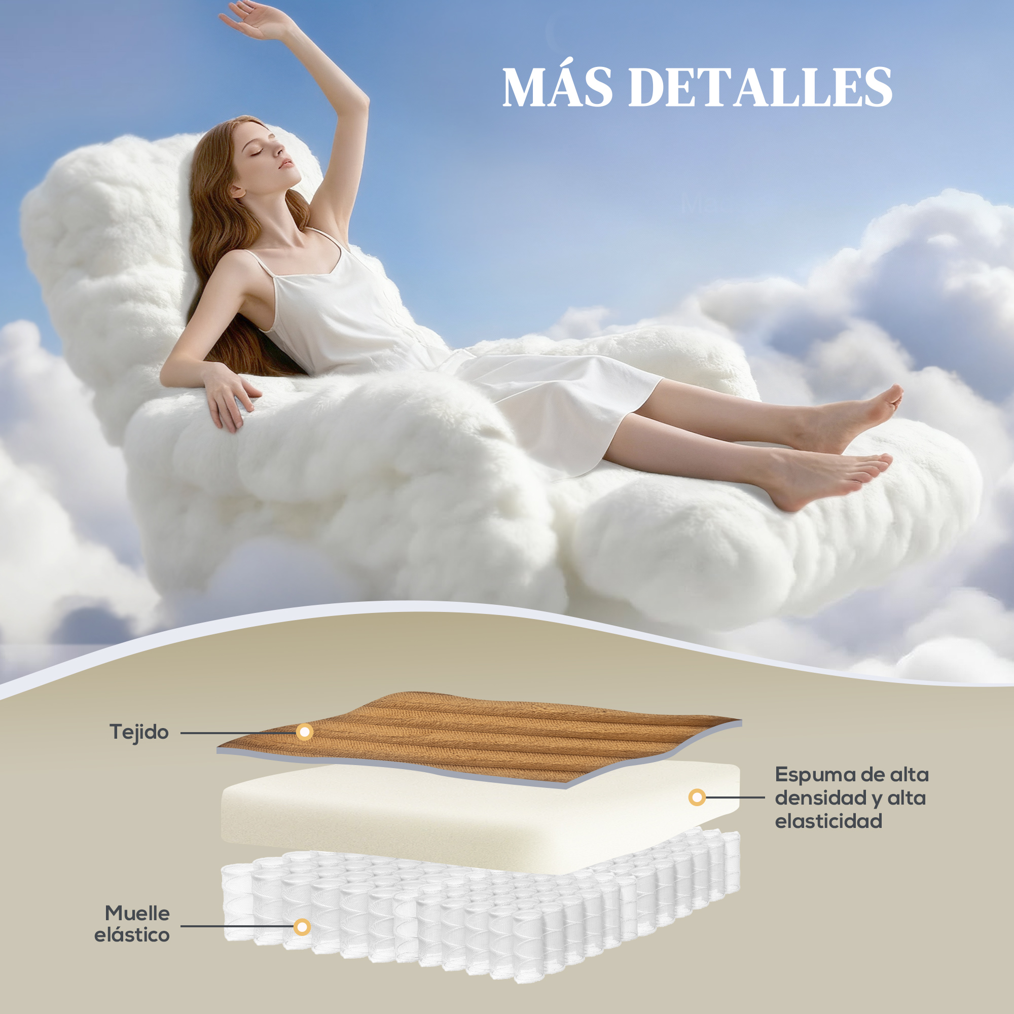 Una mujer descansa en nubes. Capas de colchón: tela, espuma y resortes.