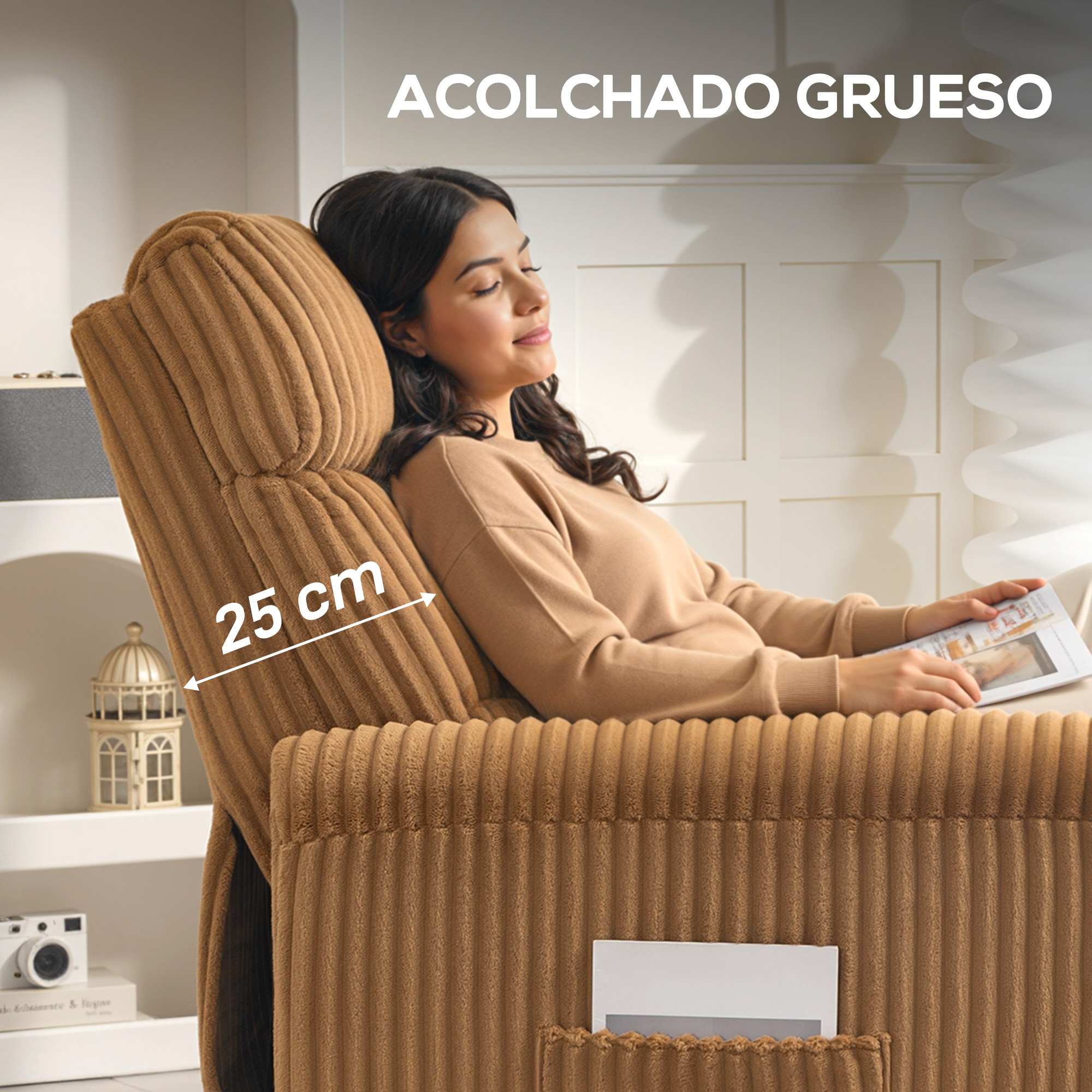 Una mujer se relaja en un sillón marrón de pana. Acolchado de 25 cm.