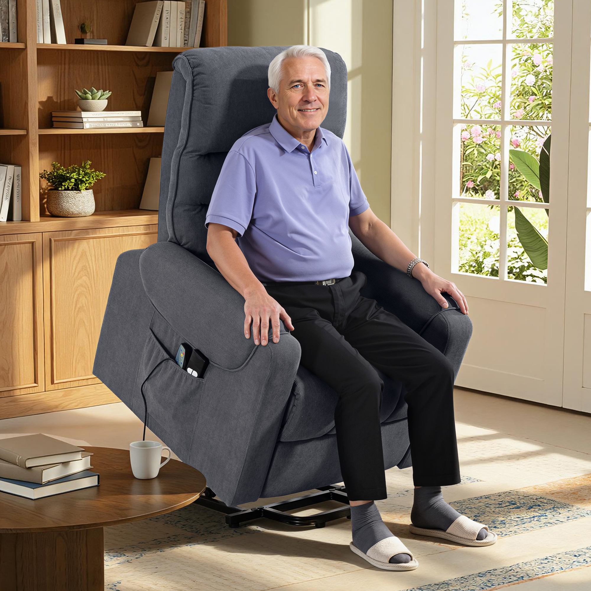 Hombre mayor sentado en un sillón reclinable gris junto a una ventana con vista al jardín.