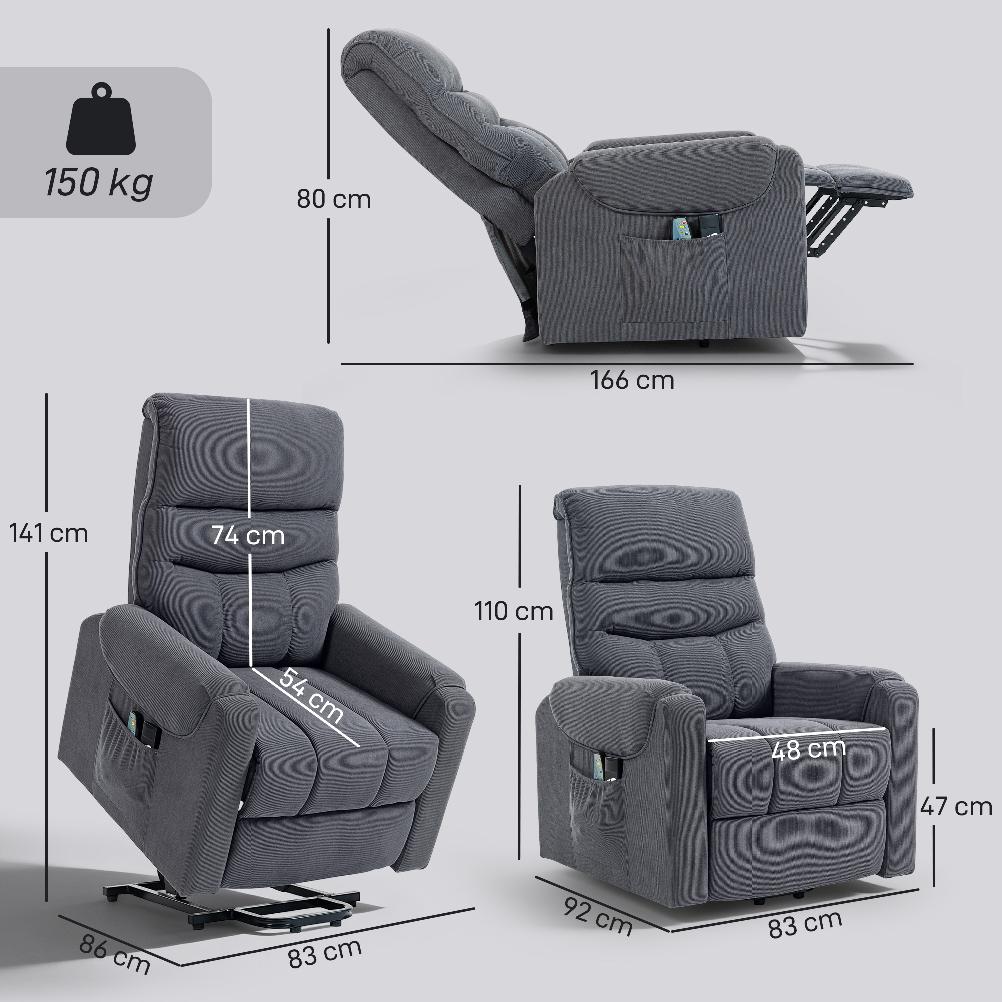 Sillón reclinable gris con dimensiones: 166x80x141cm, capacidad 150kg.