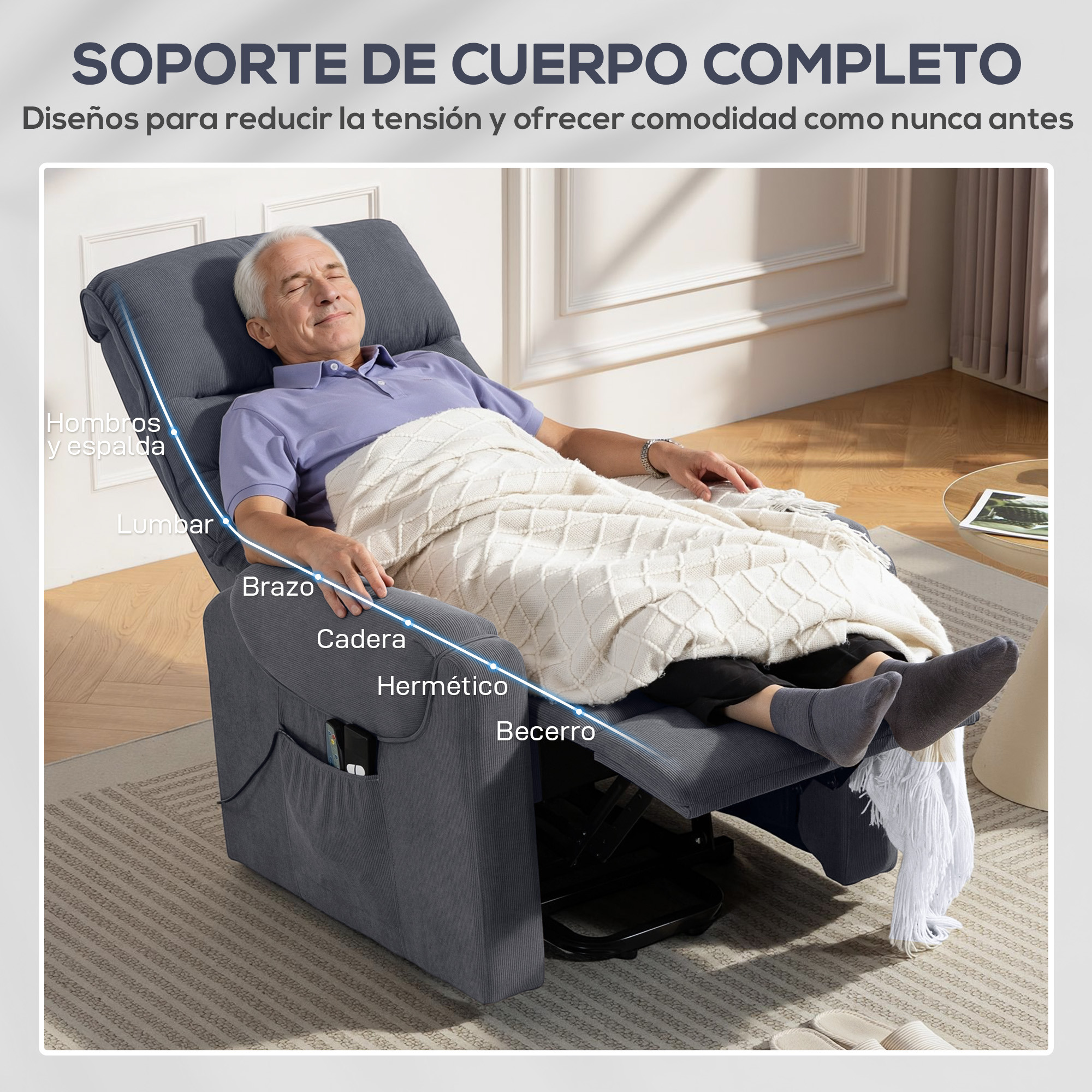 Un hombre se relaja en un sillón reclinable oscuro, cubierto con una manta.