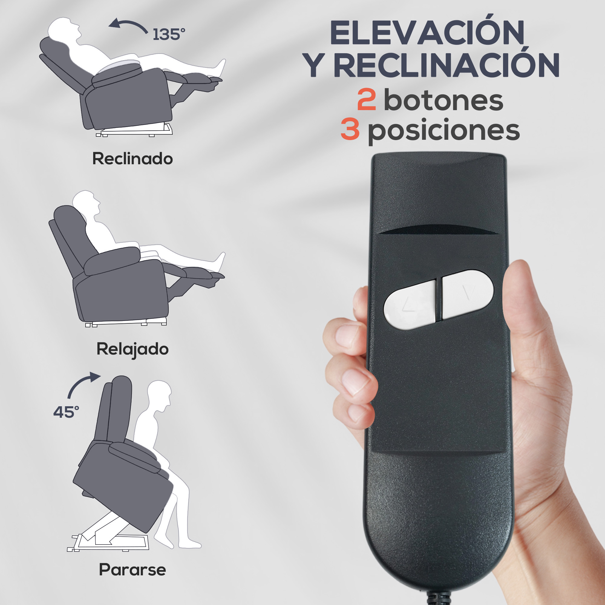 Sillón reclinable en tres posiciones: reclinado (135°), relajado, de pie (45°). Control.