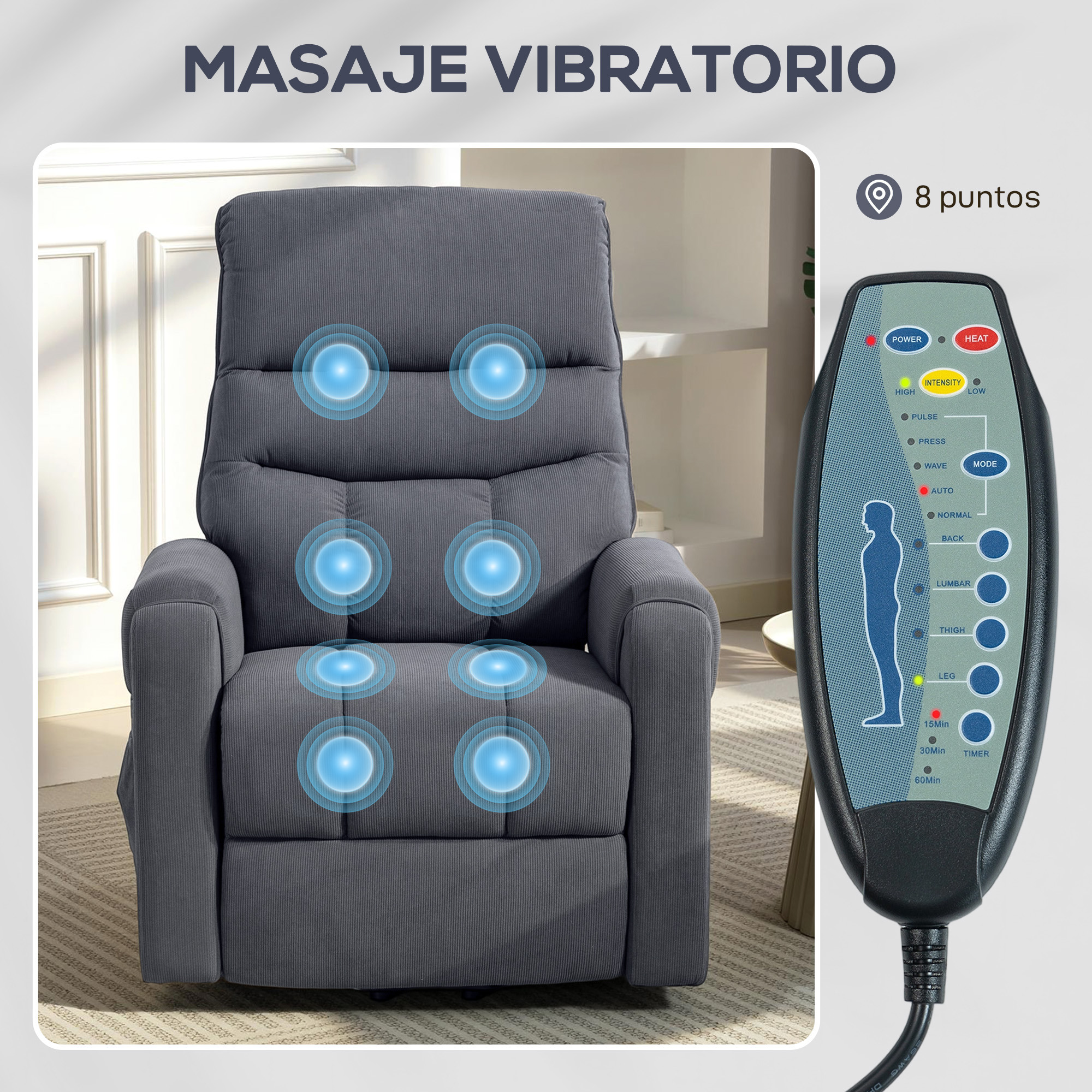 Un sillón de masaje gris con indicadores de vibración azules y un control remoto.