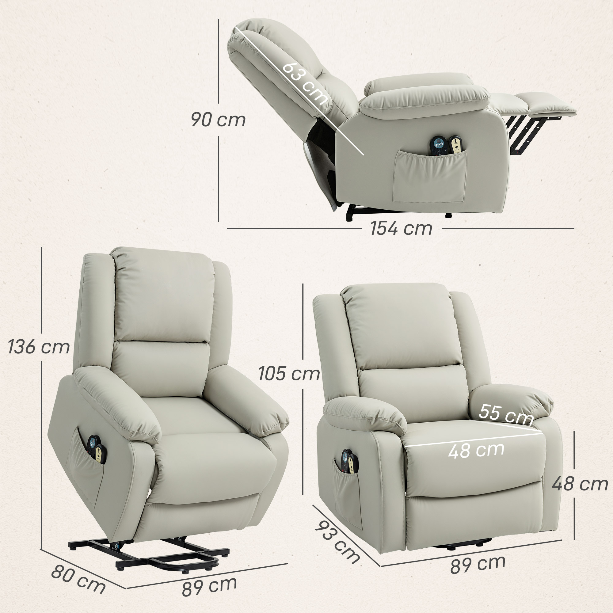 Un sillón reclinable tapizado de color claro con dimensiones en cm. Muestra varias posiciones.