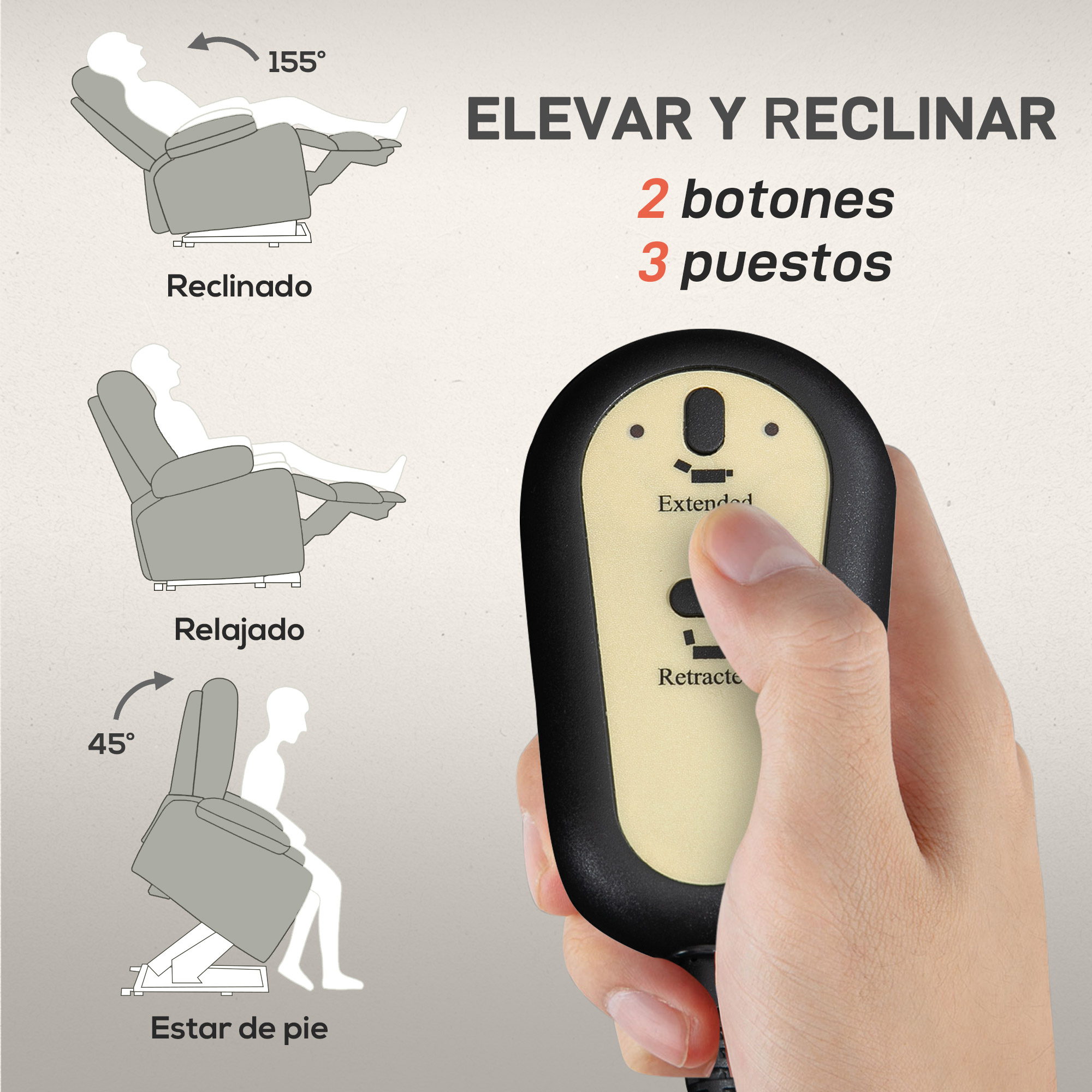Ilustraciones de un sillón reclinable en varias posiciones con mando.