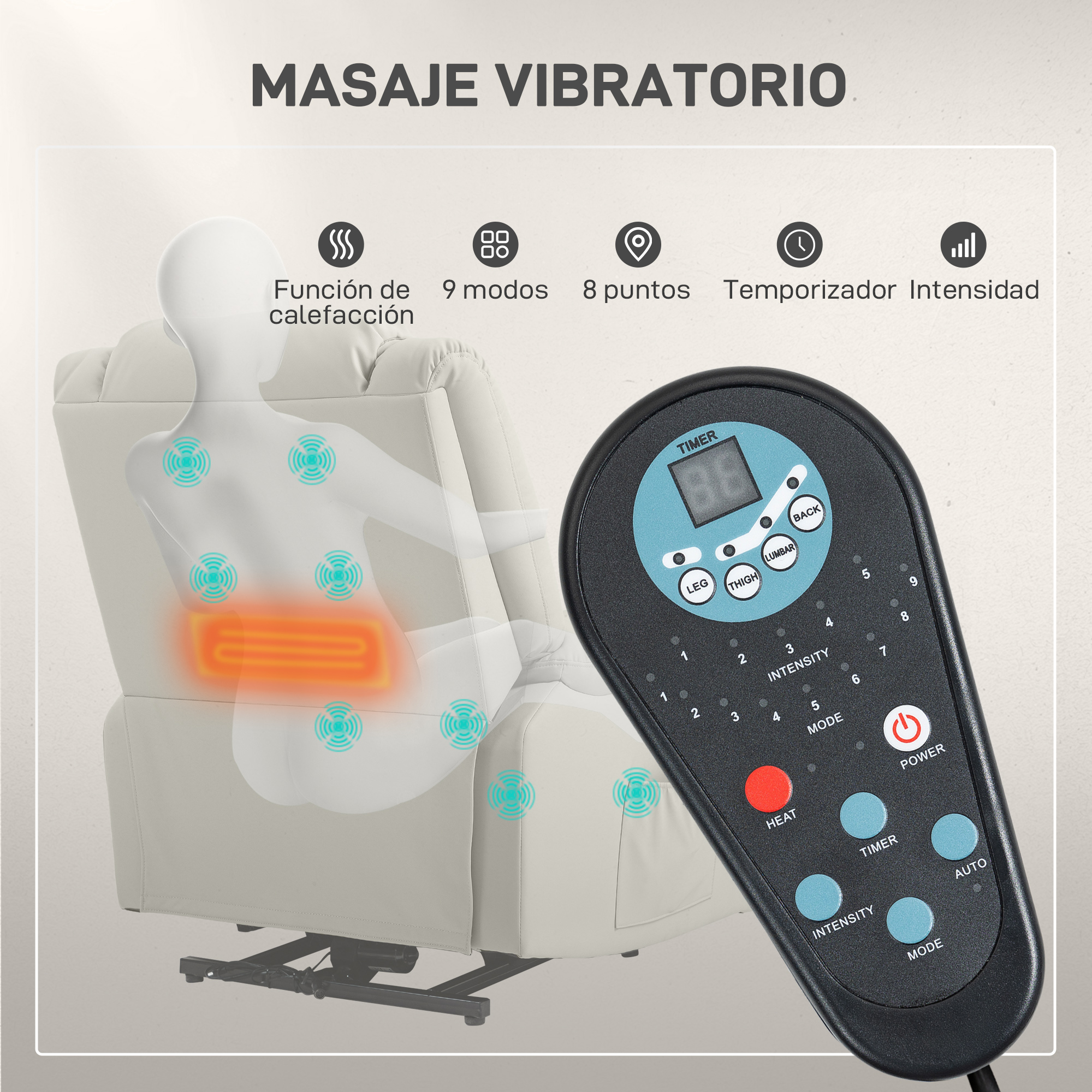 Un sillón de masaje con mando a distancia. Se resaltan zonas de calor y vibración.