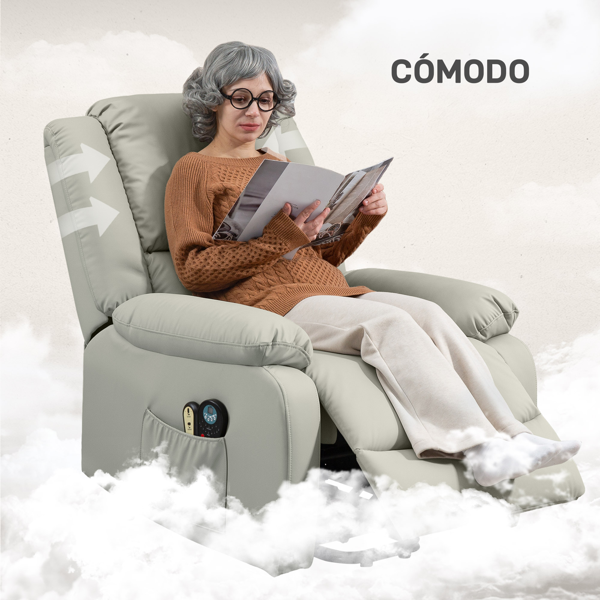 Mujer mayor leyendo libro en sillón cómodo con nubes.