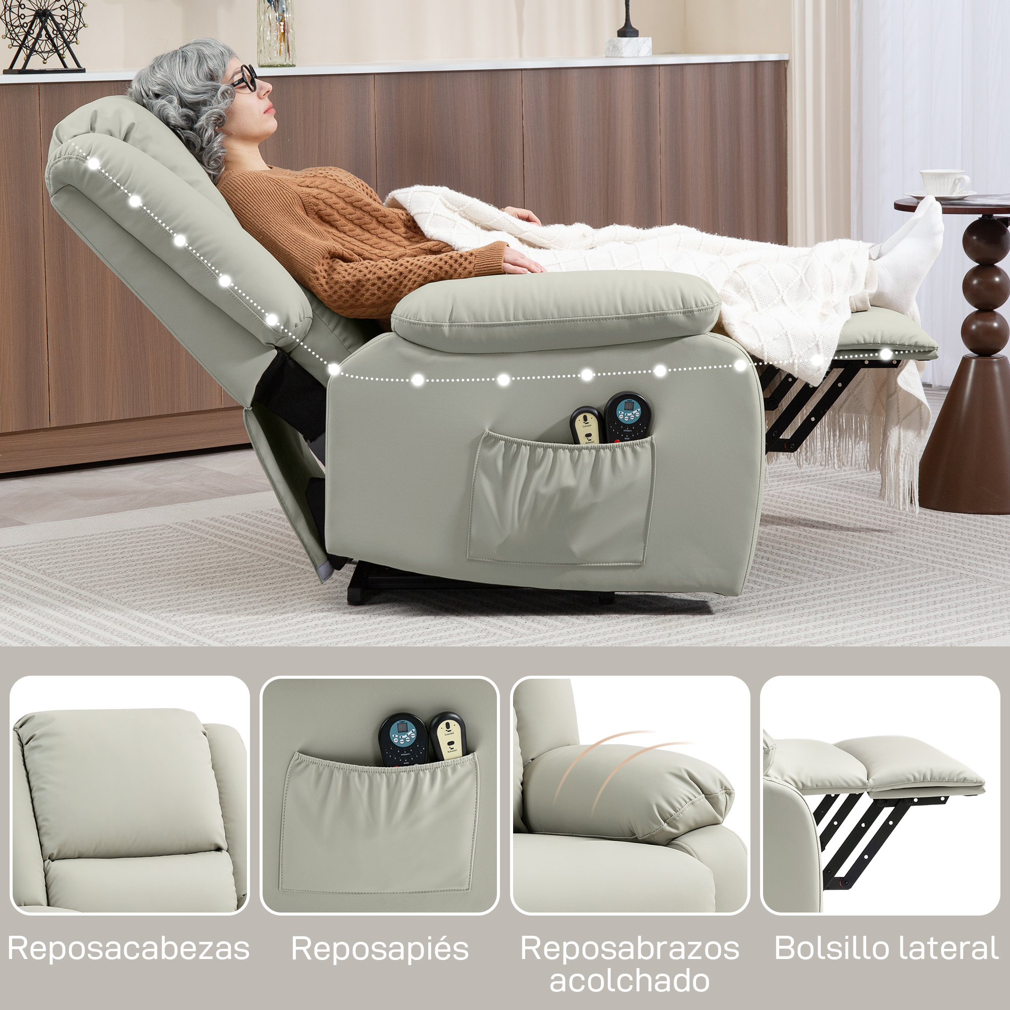 Mujer en sillón reclinable beige con reposapiés, manta y mandos.