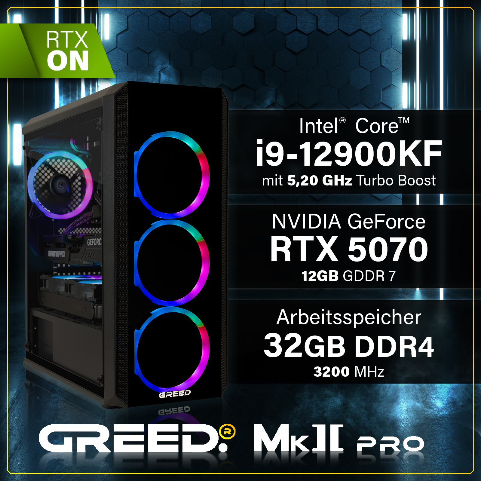 Obudowa PC z oświetleniem RGB, procesorem Intel i9, kartą RTX 5070, 32GB RAM DDR4.