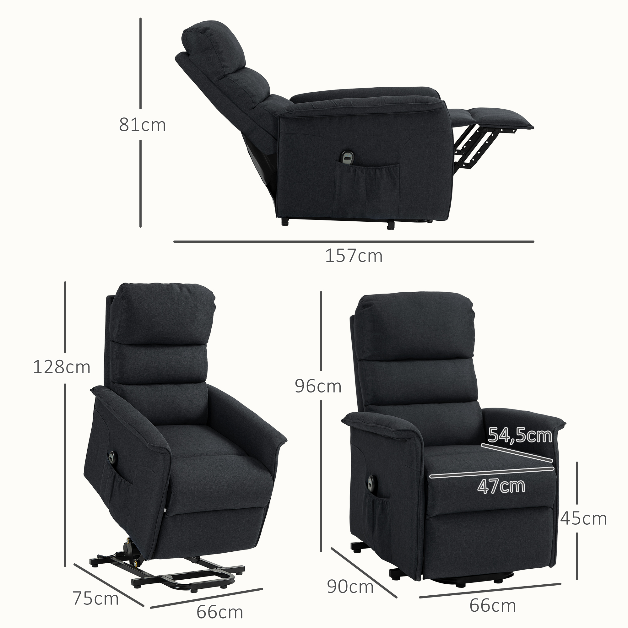 Un sillón reclinable de tela oscura en tres vistas con dimensiones: vertical, reclinado, elevado.