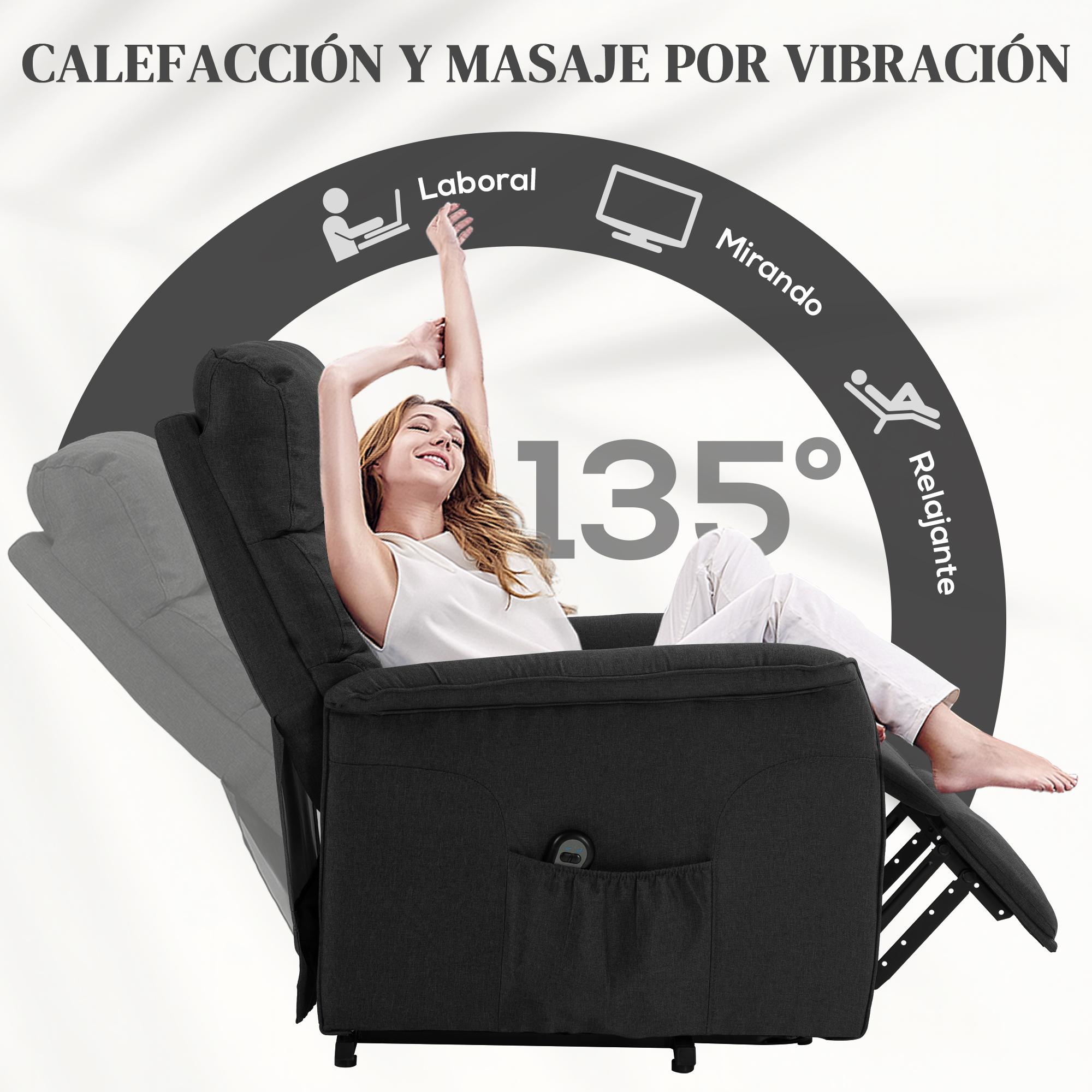 Una mujer en un sillón reclinable oscuro se estira. Se muestra un arco de 135 grados.