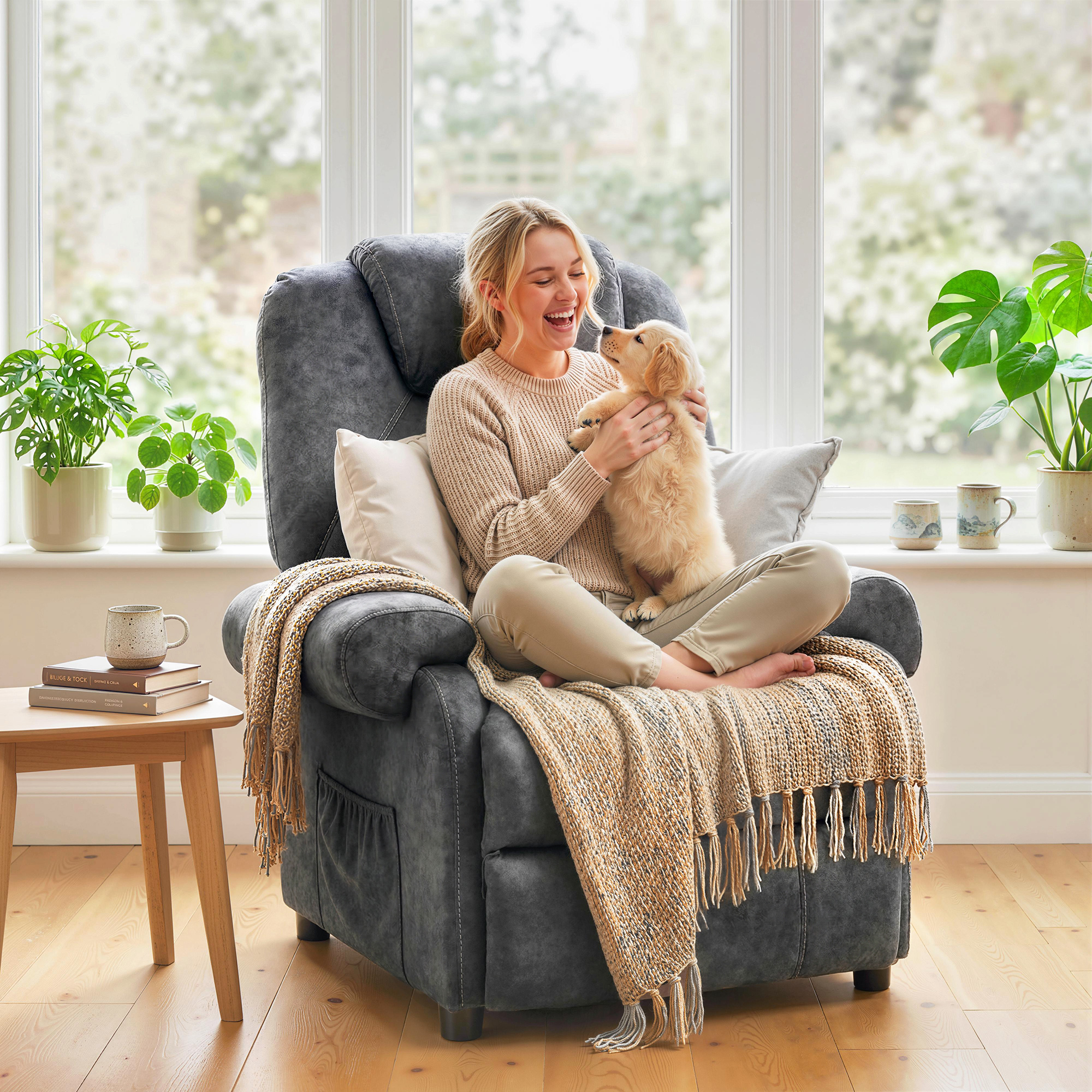 Una mujer sentada en un sillón con un cachorro. Plantas y ventana al fondo.