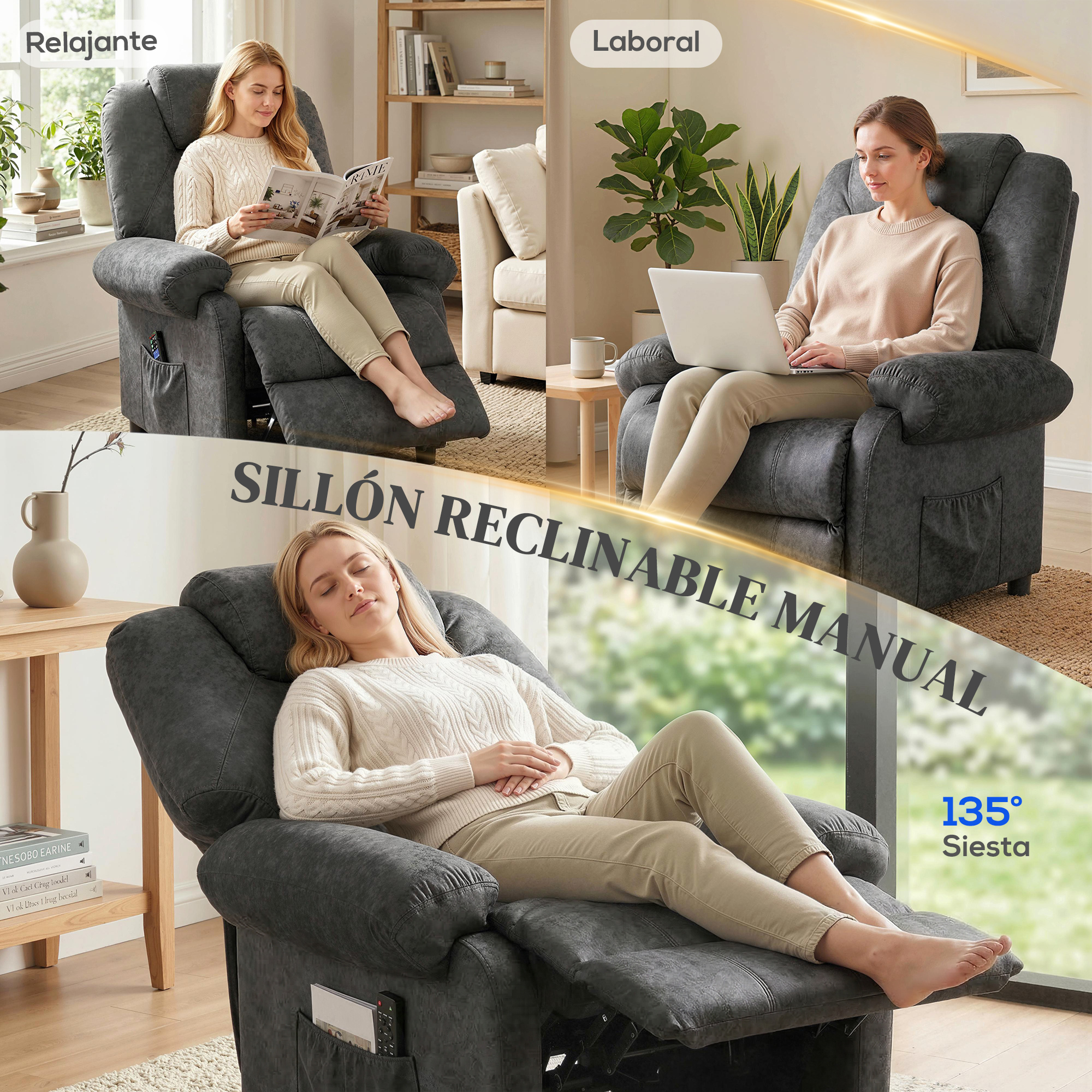 Un sillón reclinable en tres escenarios: leyendo relajado, trabajando en laptop, durmiendo.