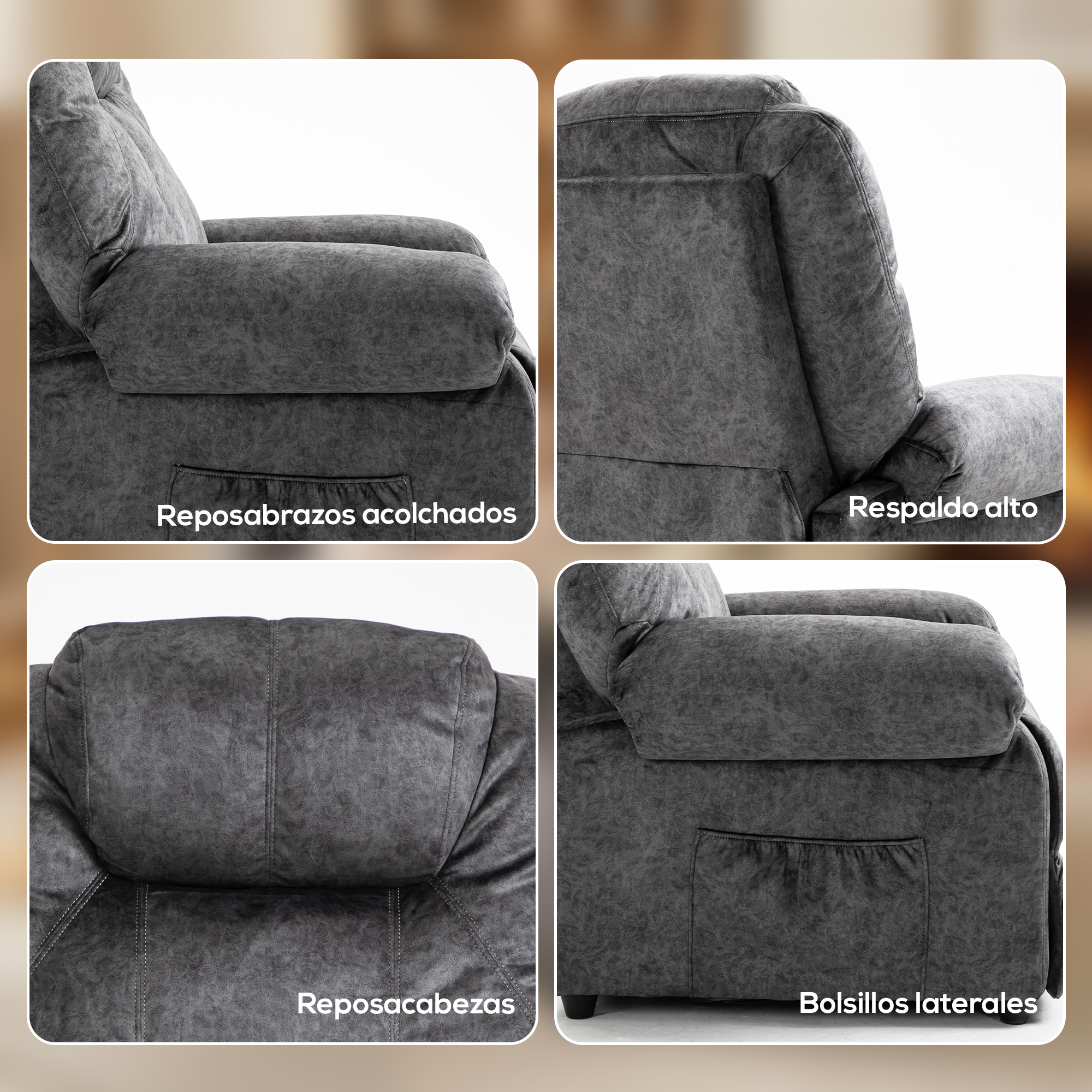 Collage de un sillón reclinable gris mostrando reposabrazos acolchados, respaldo alto, reposacabezas y bolsillos laterales.