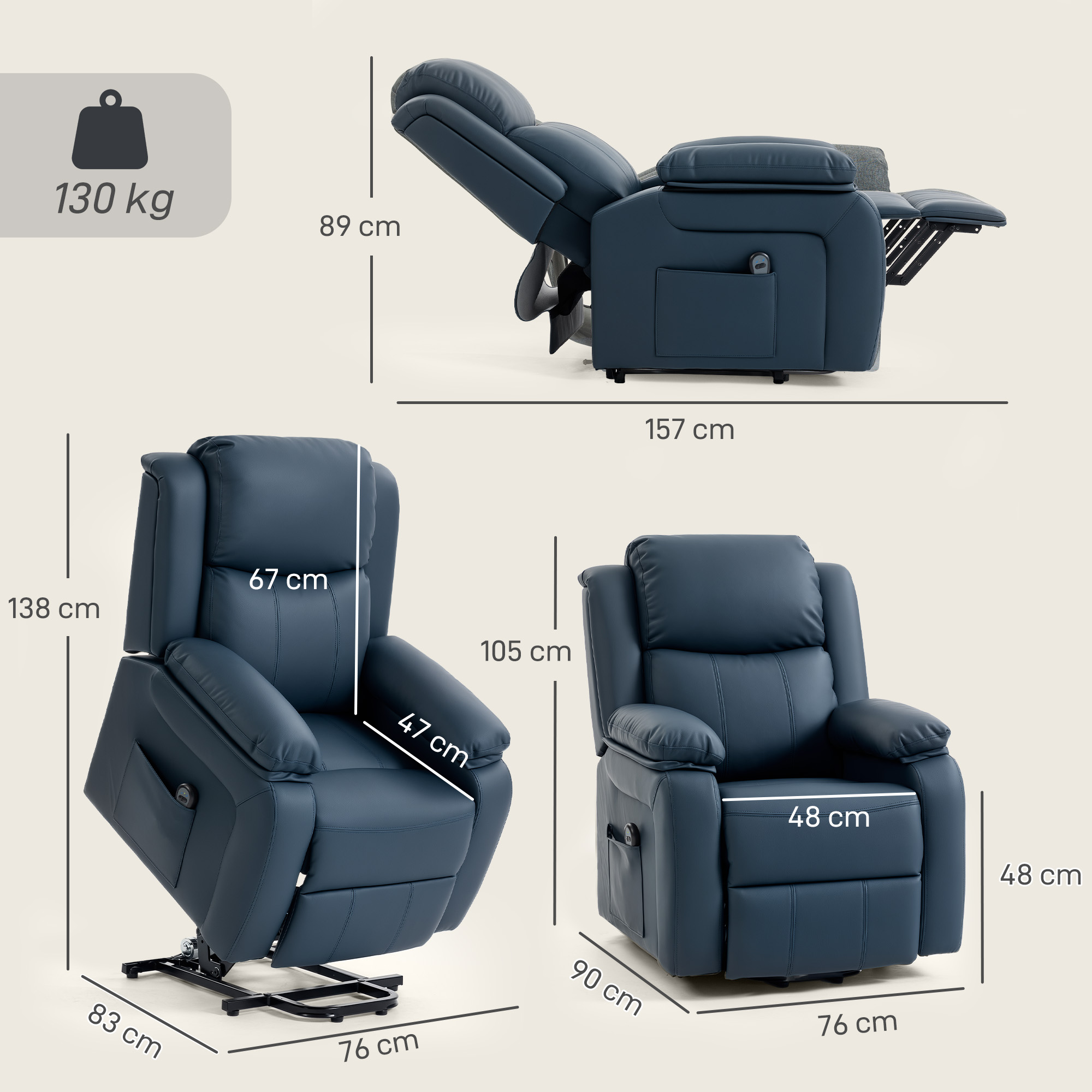 Un sillón reclinable azul con dimensiones. Una vista muestra el reposapiés elevado.