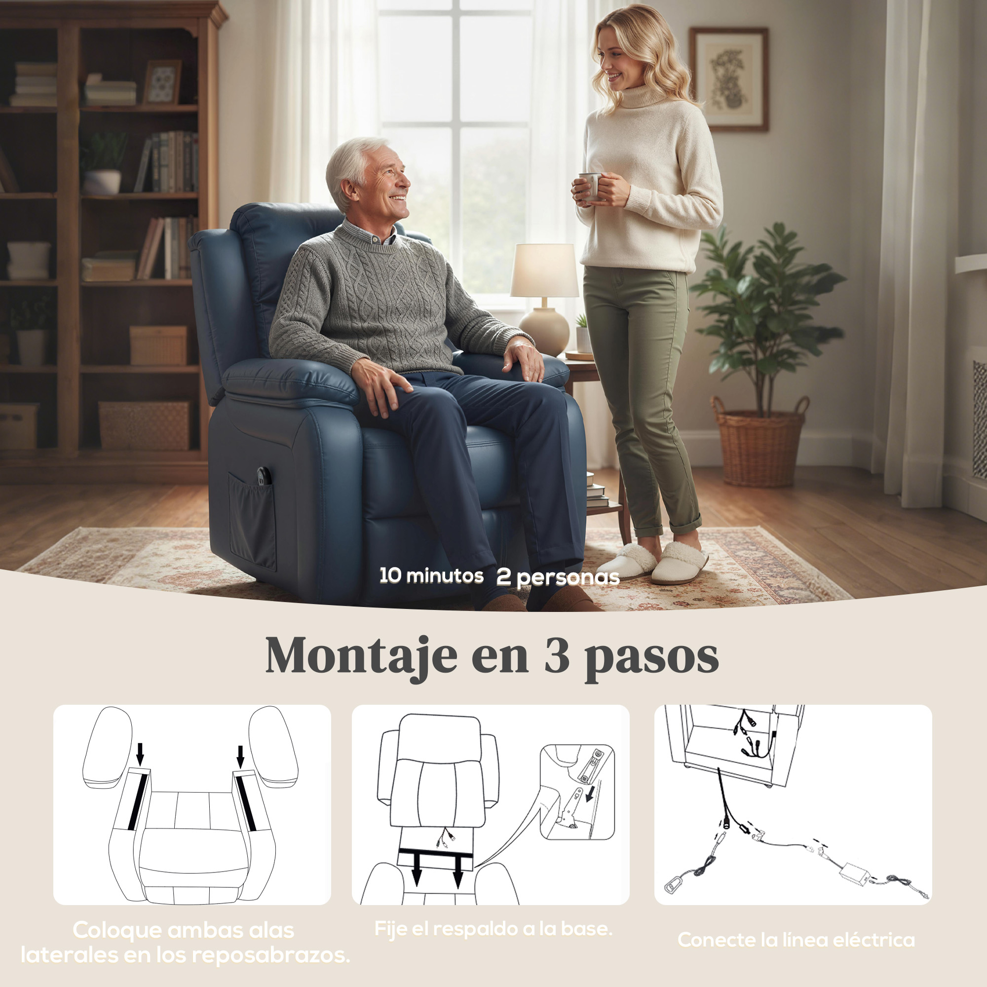 Hombre en sillón reclinable, mujer de pie cerca. Instrucciones de montaje.