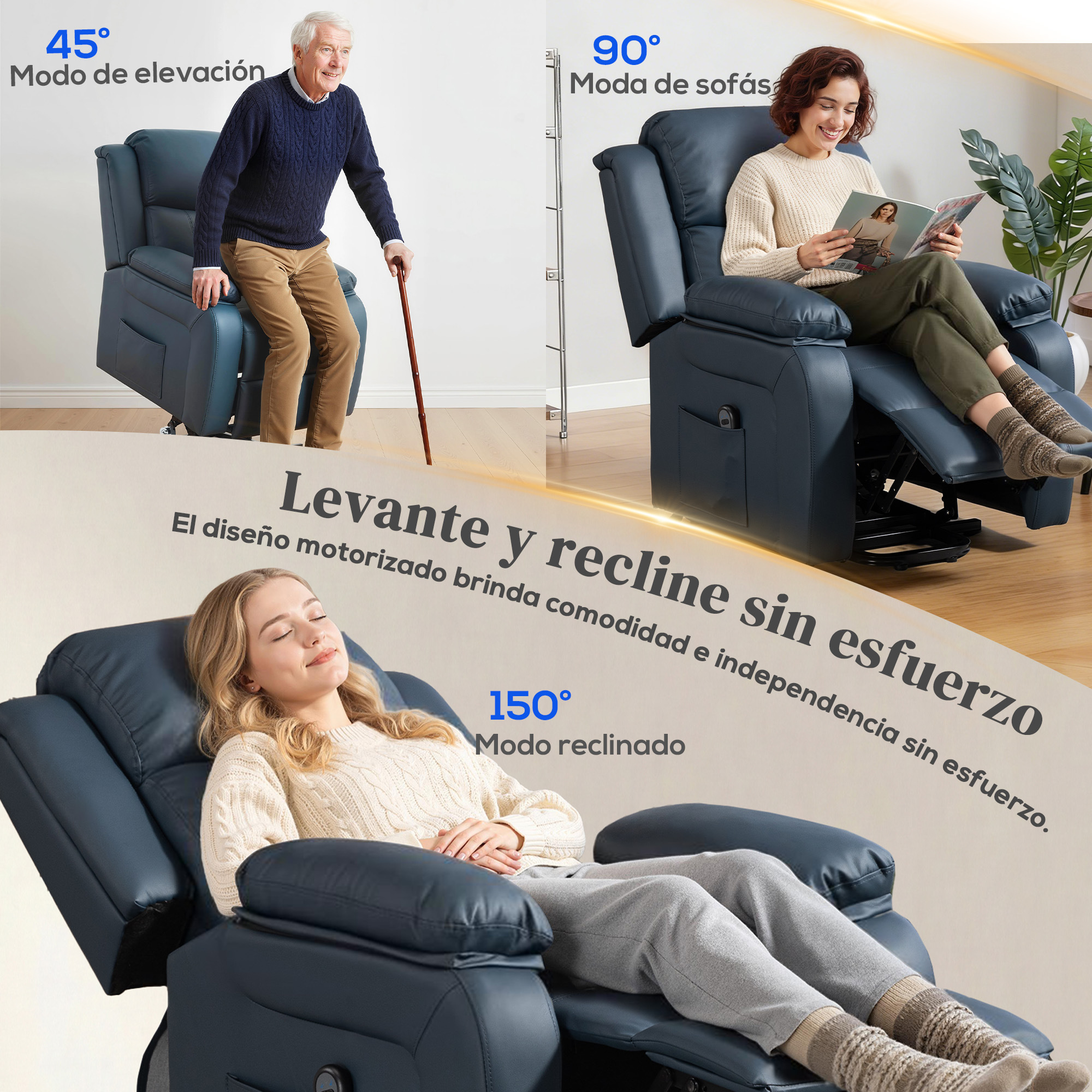 Hombre sentado, mujer leyendo, mujer reclinada. Diseños de sillón azul.