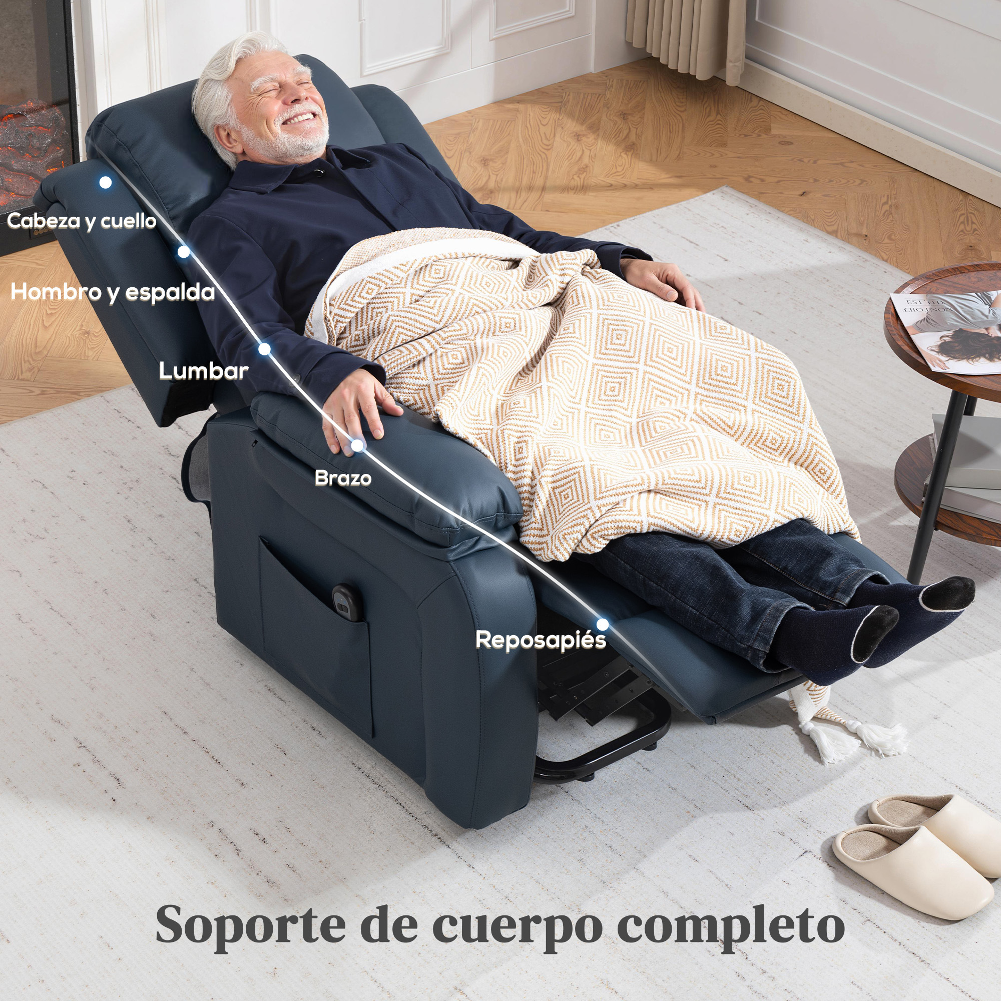 Un hombre mayor se relaja en un sillón reclinable azul, cubierto con una manta.