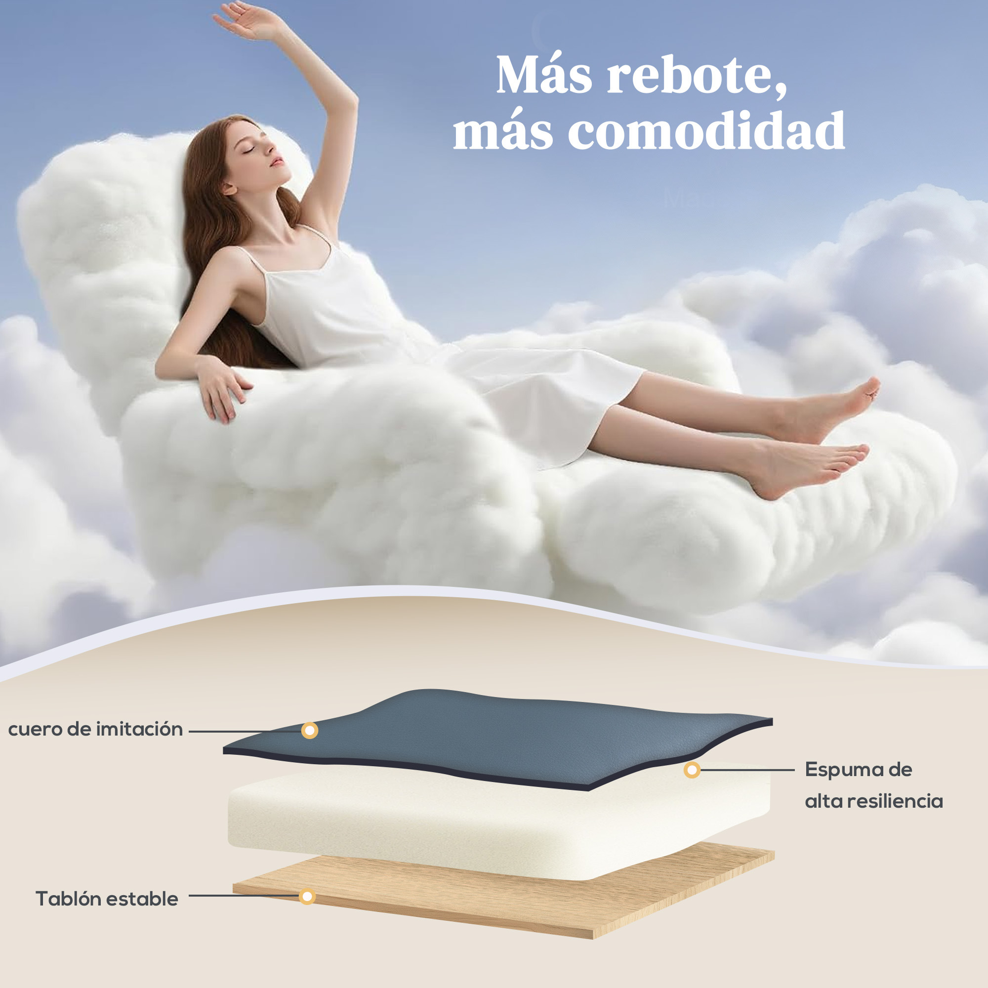 Mujer en nubes con capas de material: polipiel, espuma, madera.