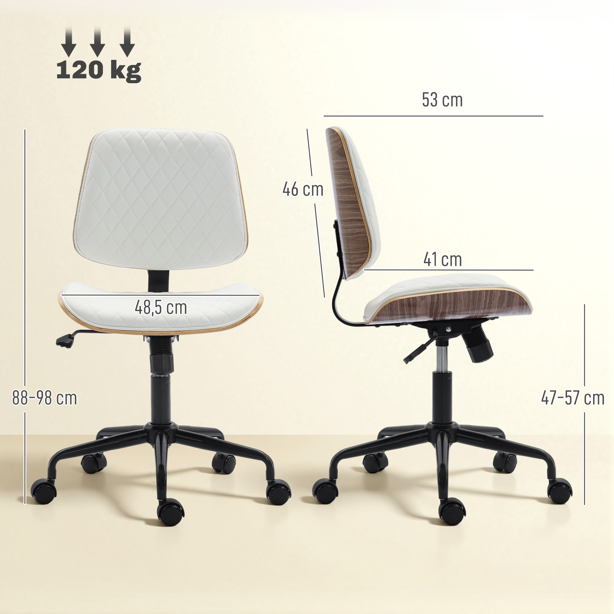 Silla de oficina blanca con ruedas y detalles de madera, medidas indicadas.