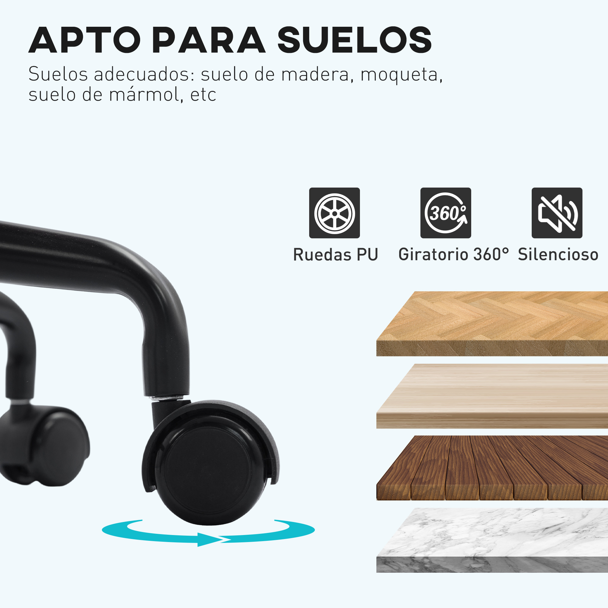 Ruedas negras y varios tipos de suelo.