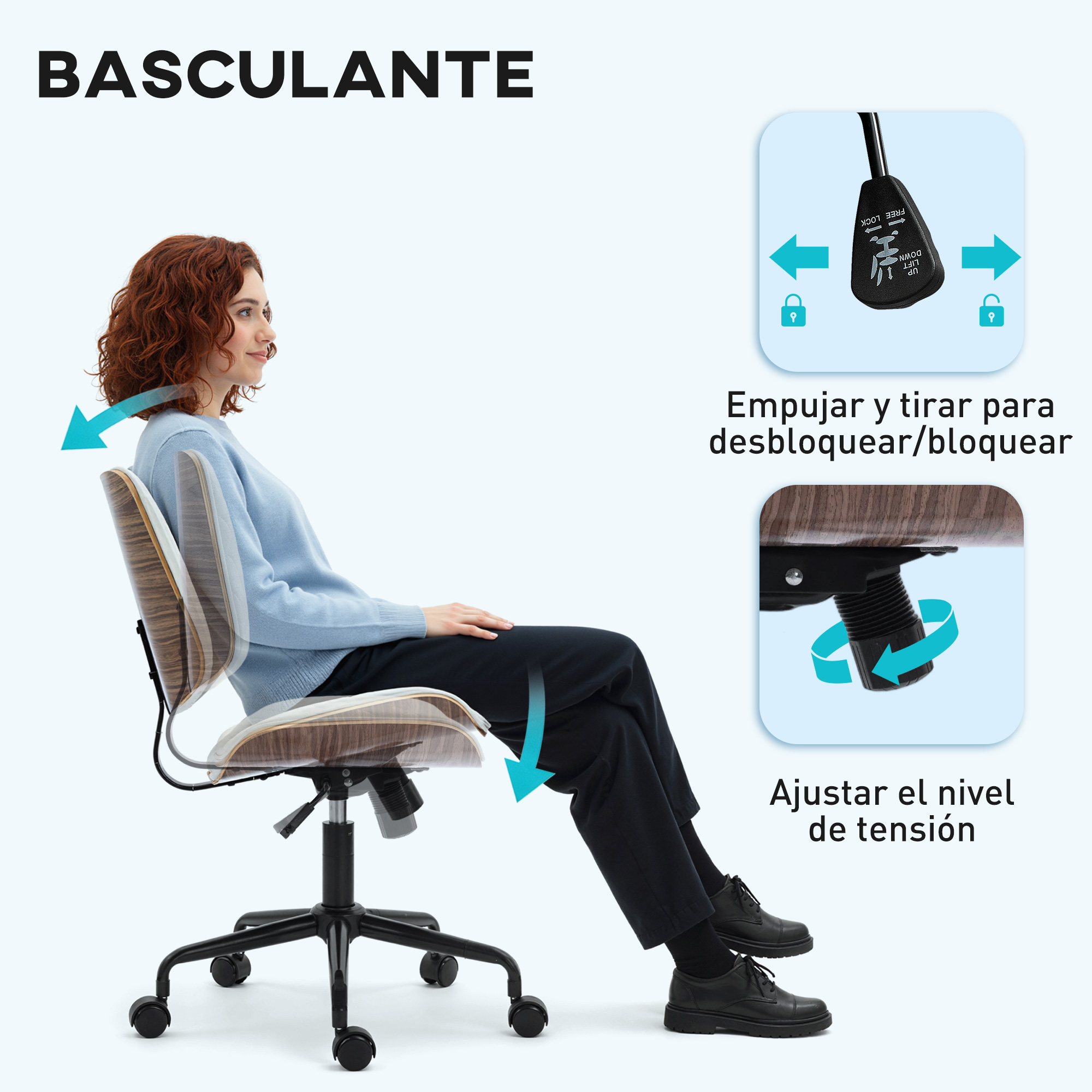 Una mujer sentada en una silla de oficina ajustando la función de inclinación.