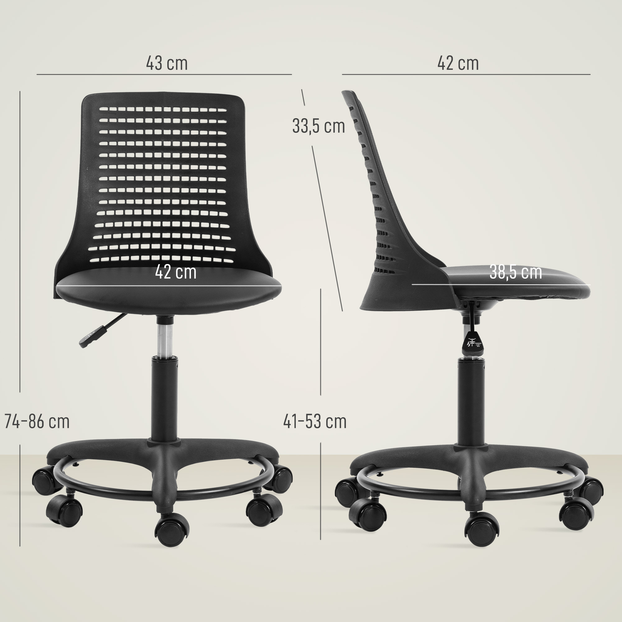Silla de oficina negra con ruedas, se muestran las dimensiones.