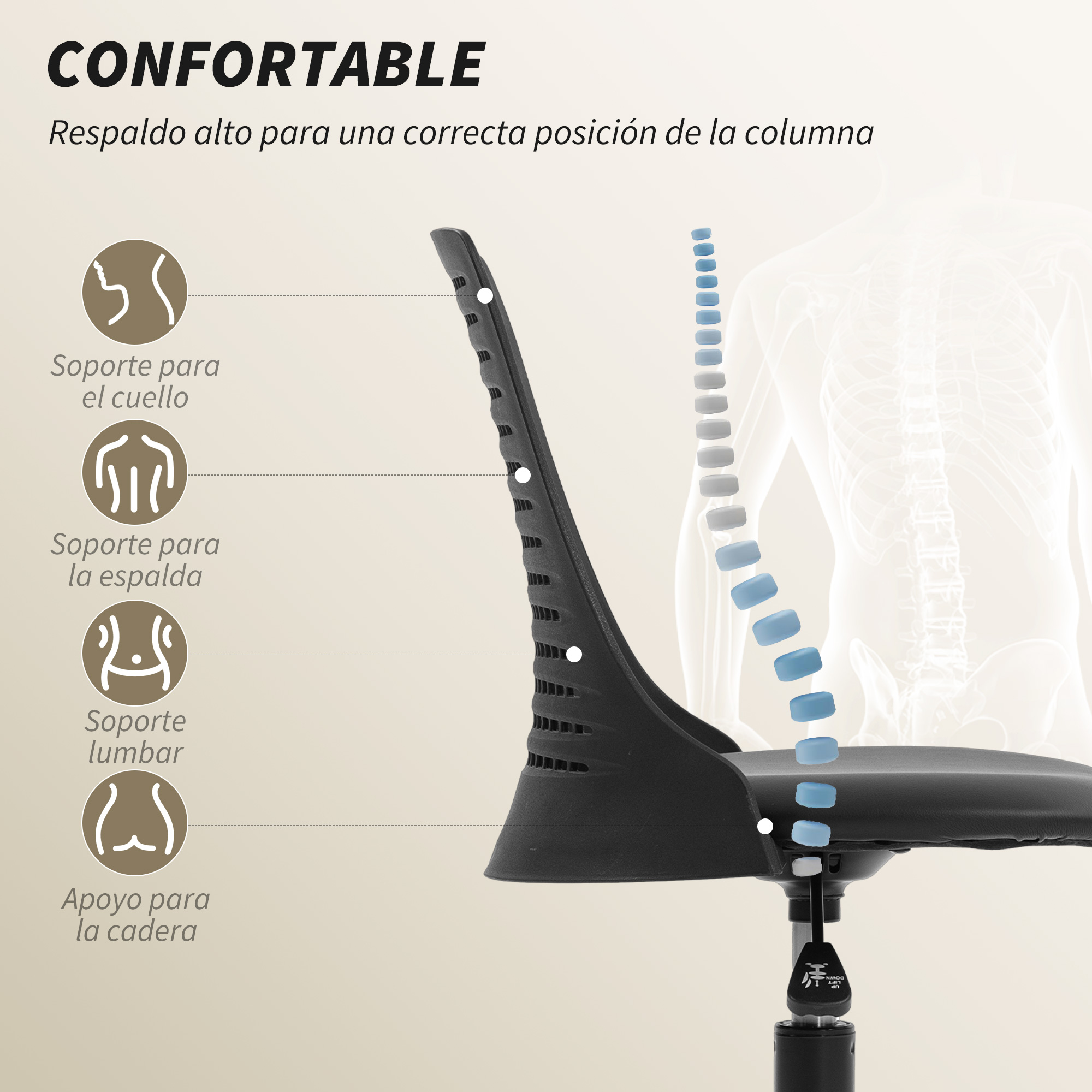 Silla ergonómica con soporte espinal para cuello, espalda y cadera.