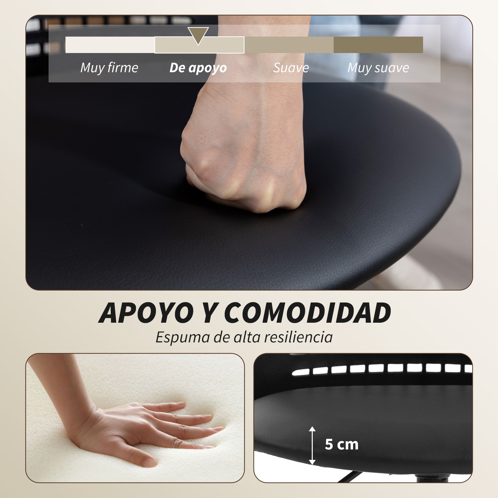Mano presionando cojín negro. Escala de firme a muy suave.
