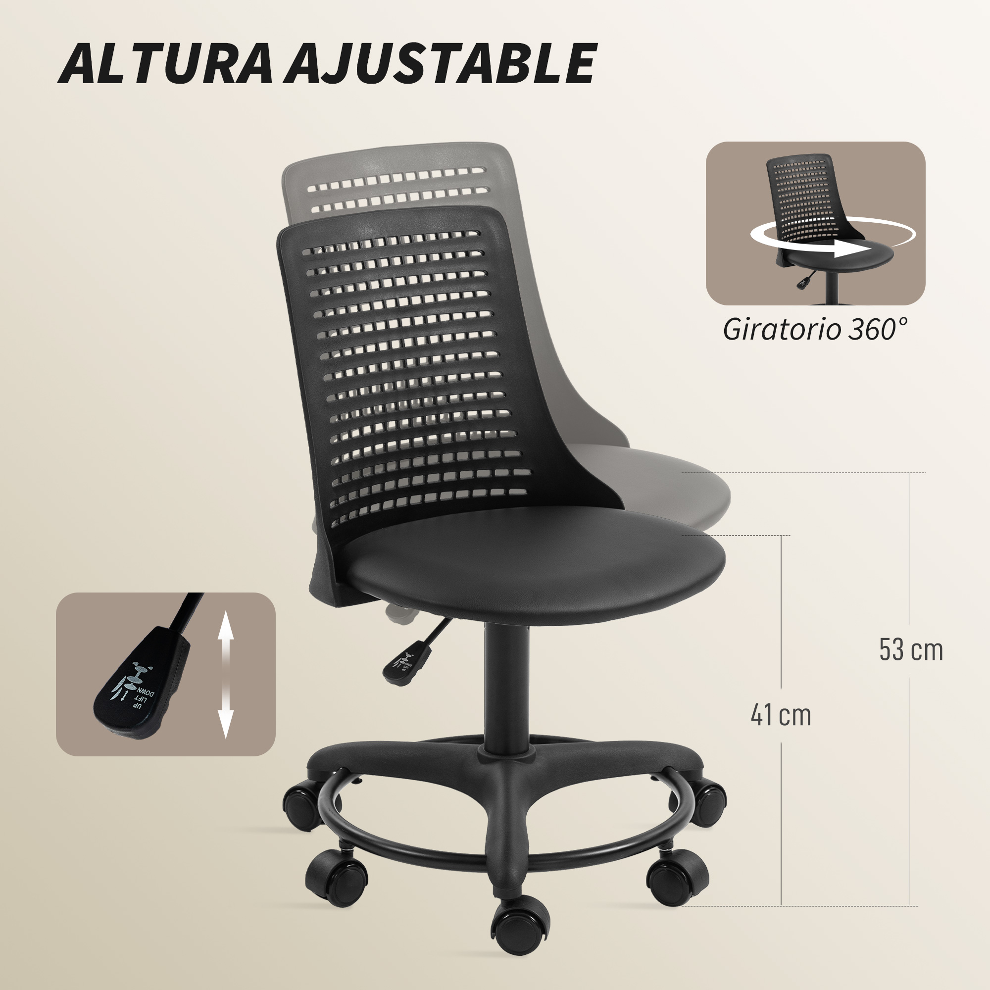 Silla de oficina negra con altura regulable y giro 360 grados.