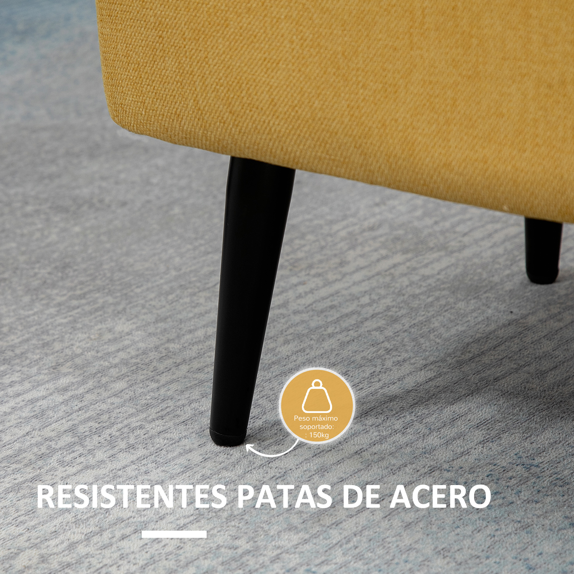 Superficie de tela amarilla con patas negras. Capacidad 150kg.