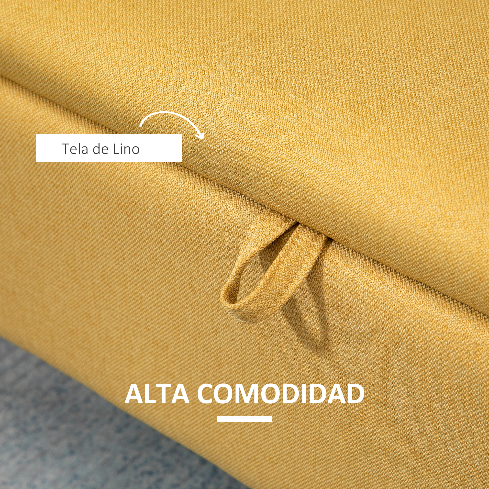 Primer plano de tela de lino amarilla con correa de bucle y texto.