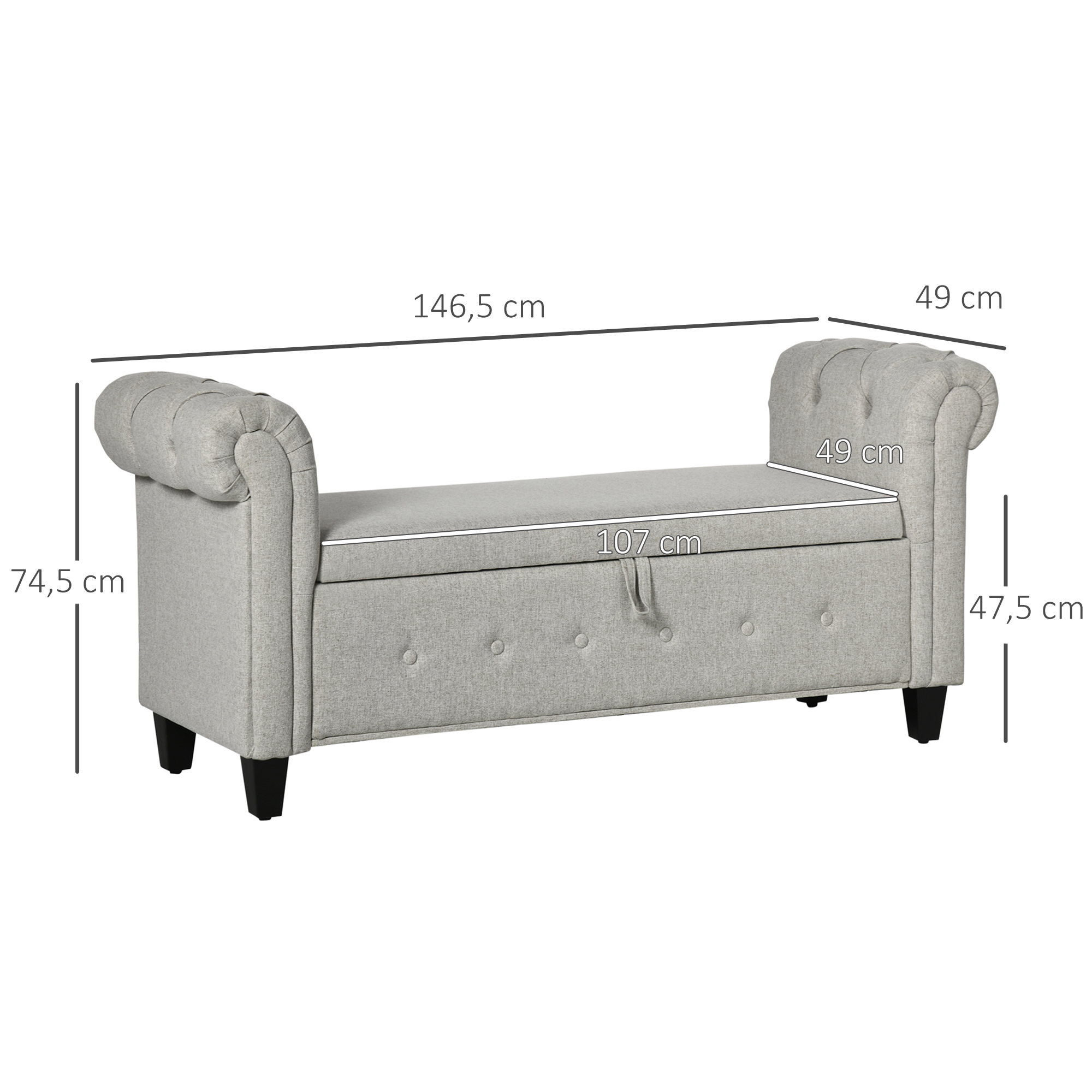 Banqueta tapizada gris con brazos enrollados, medidas 146.5x49x74.5cm.