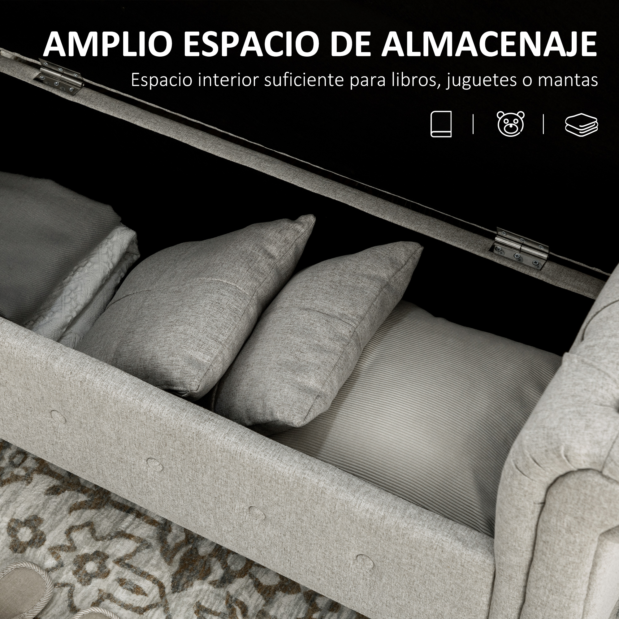 Banqueta abierta con cojines y manta, tapicería de tela.