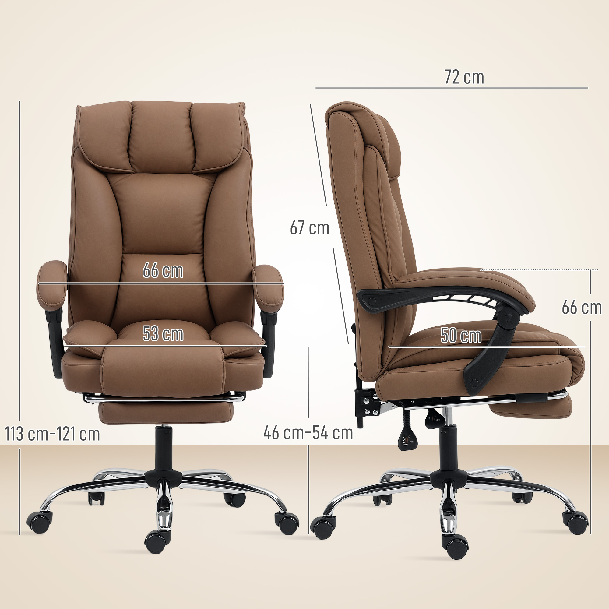 Silla de oficina marrón con dimensiones: 113-121 cm alto, 66 cm ancho, 72 cm prof.