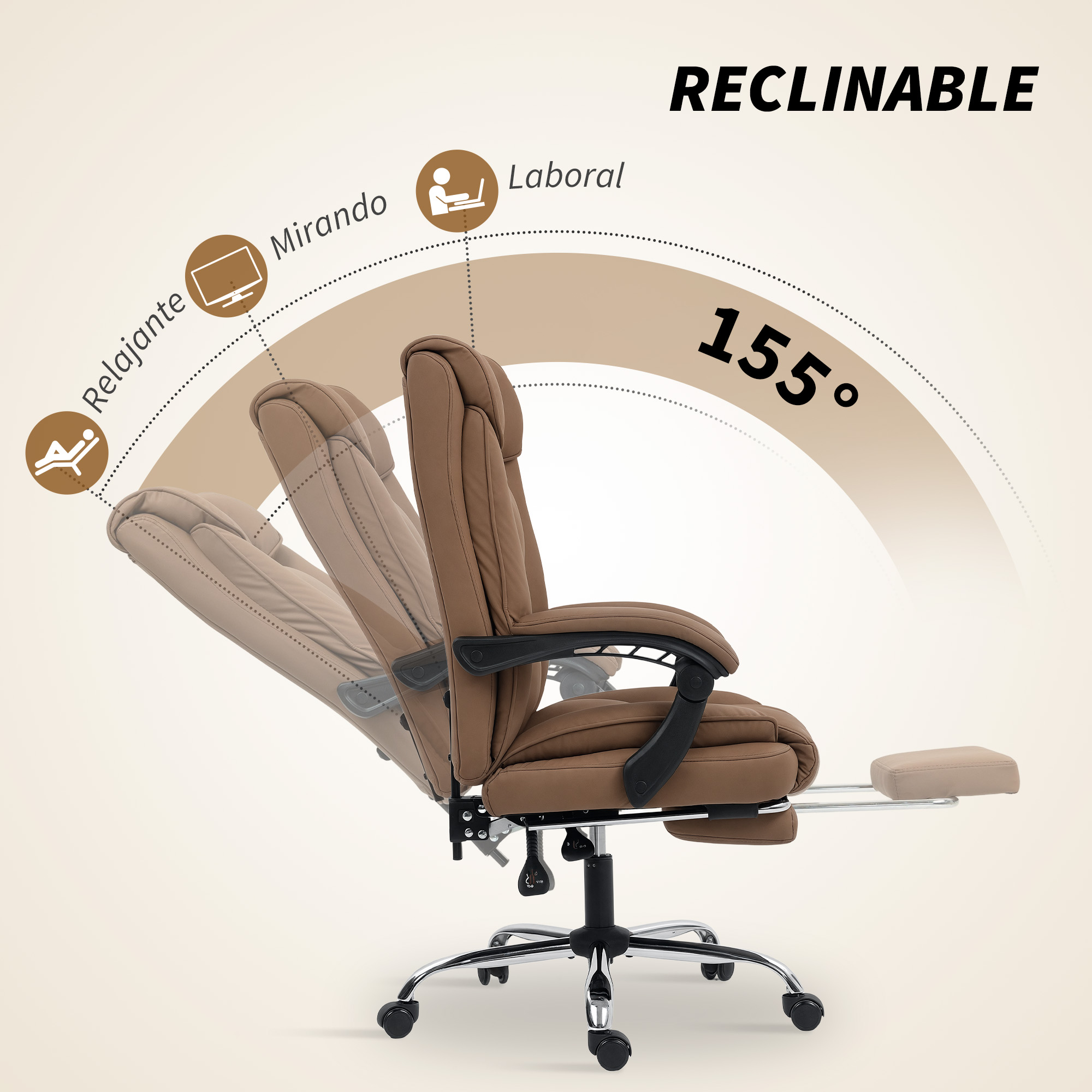 Silla de oficina marrón con reposapiés extensible, ajustable a 155 grados.