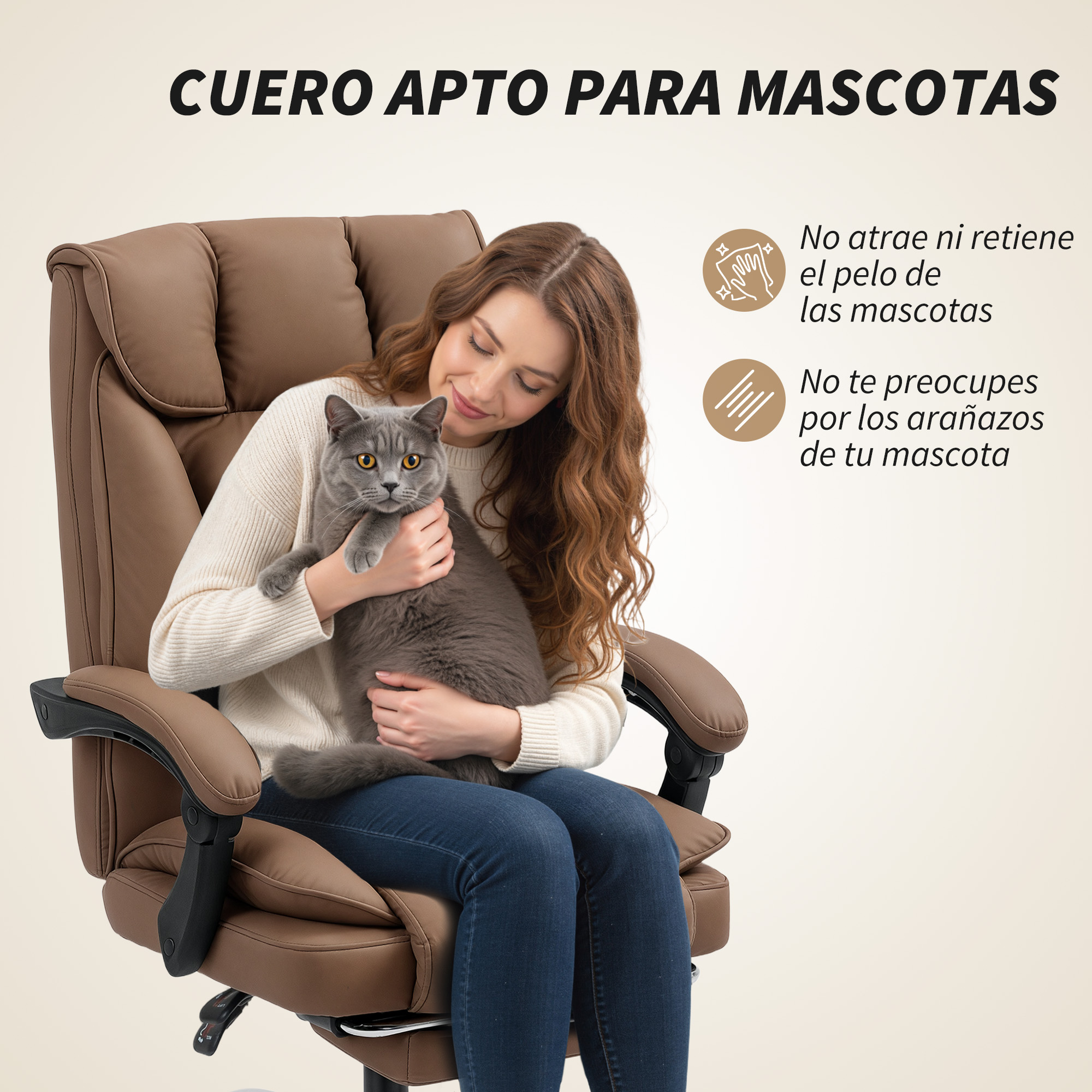Una mujer sostiene un gato en una silla de oficina marrón. "Cuero apto para mascotas".