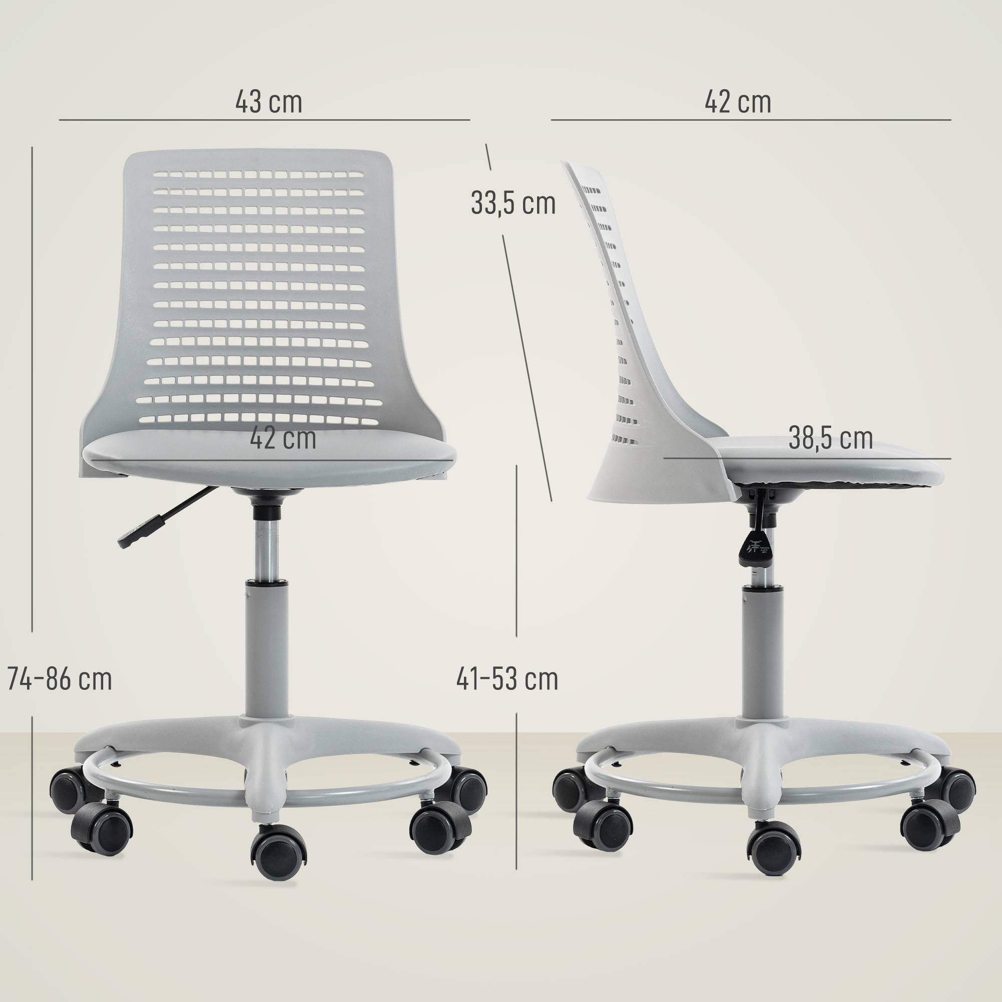 Silla de oficina gris con ruedas, dimensiones mostradas.