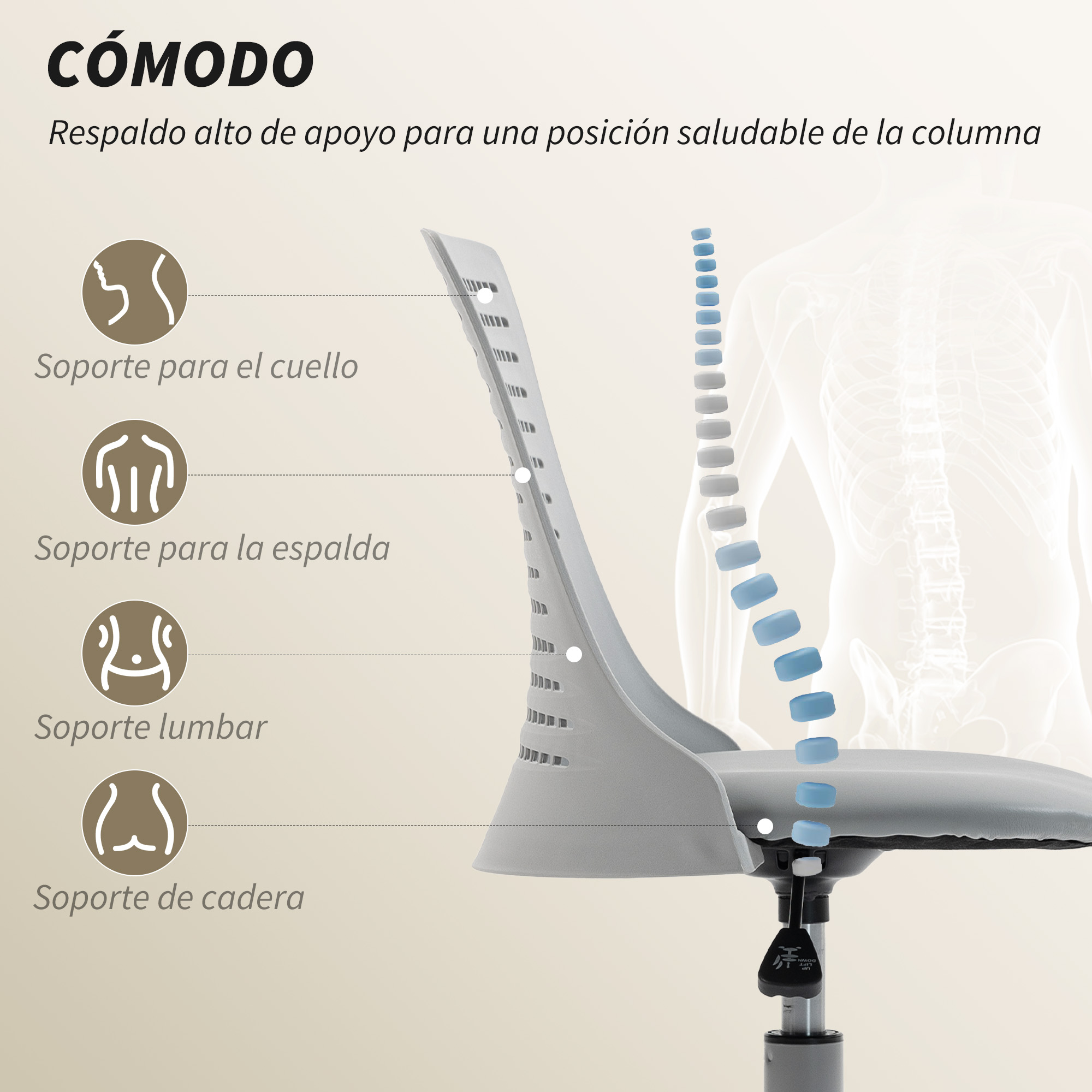 Una silla de oficina con soporte ergonómico para cuello, espalda y lumbares.