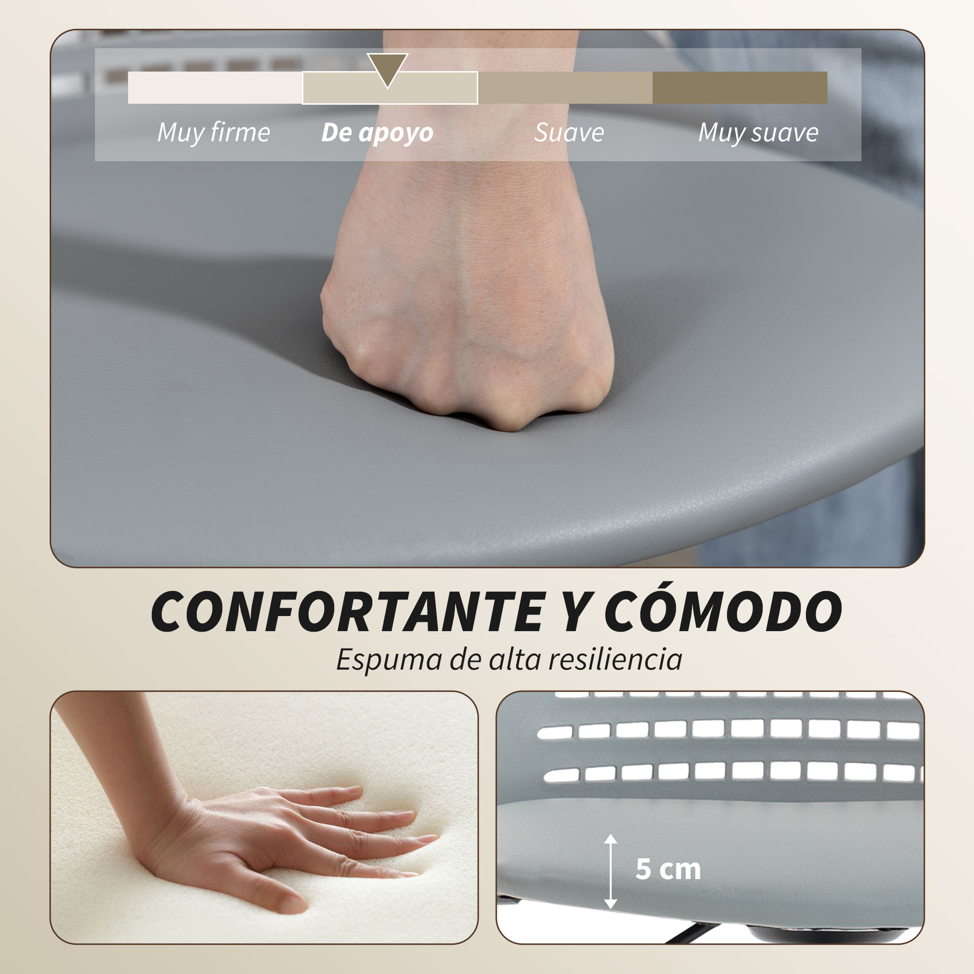 Una mano presiona una superficie gris acolchada. Texto abajo explica comodidad.