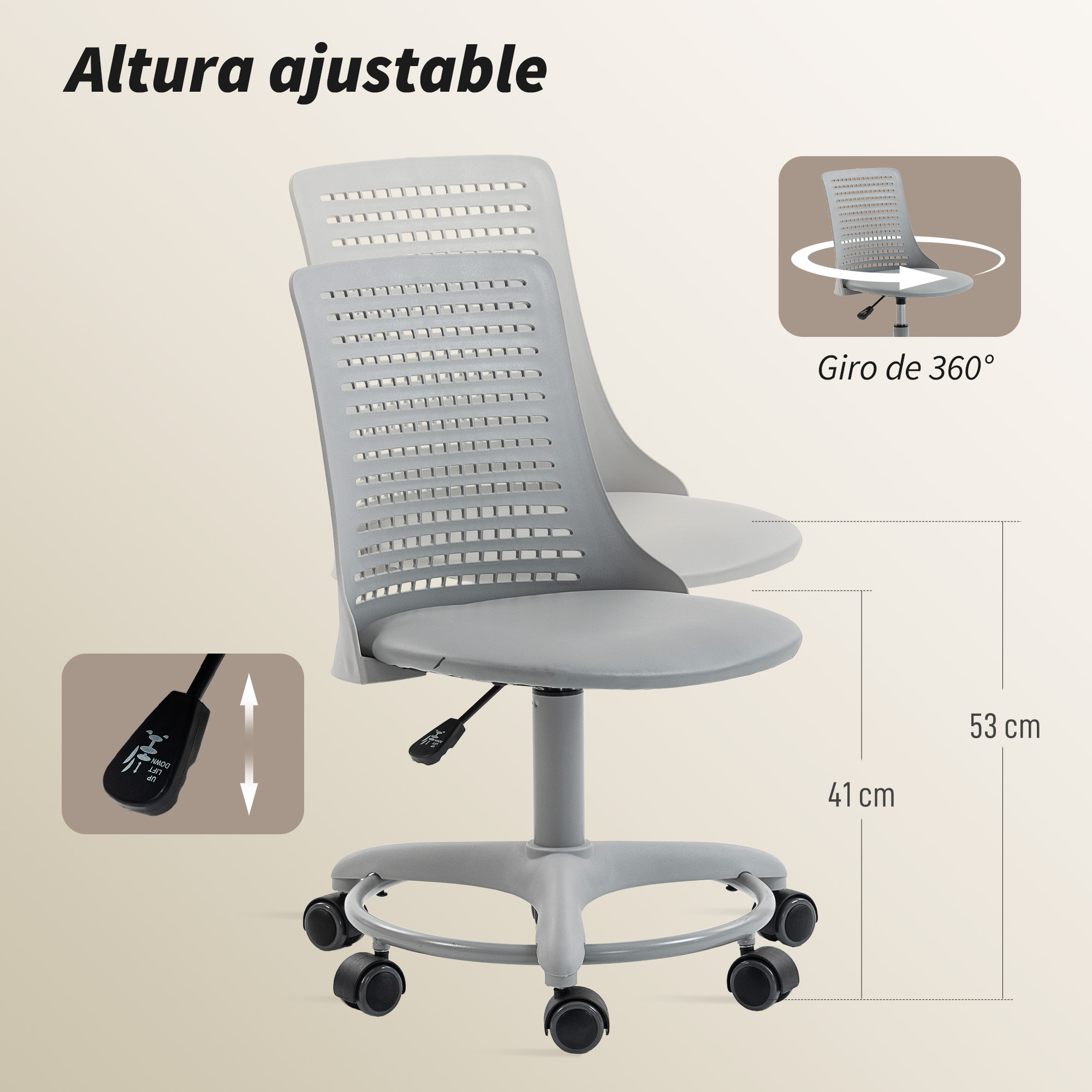 Silla de oficina gris con altura ajustable y giro de 360°.