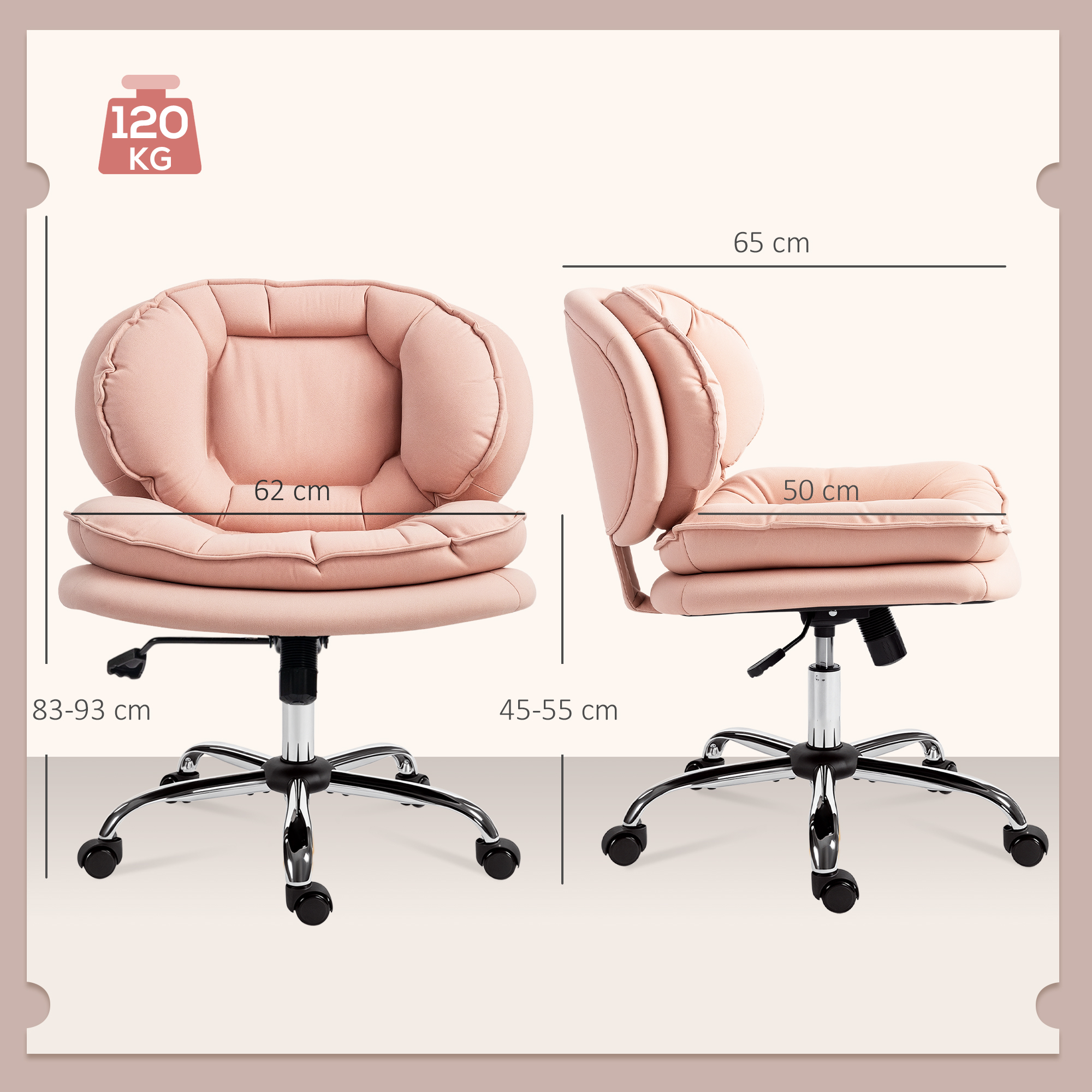 Silla de oficina rosa con ruedas. Dimensiones: 62x65x50cm, altura 83-93cm. Máx. 120kg.