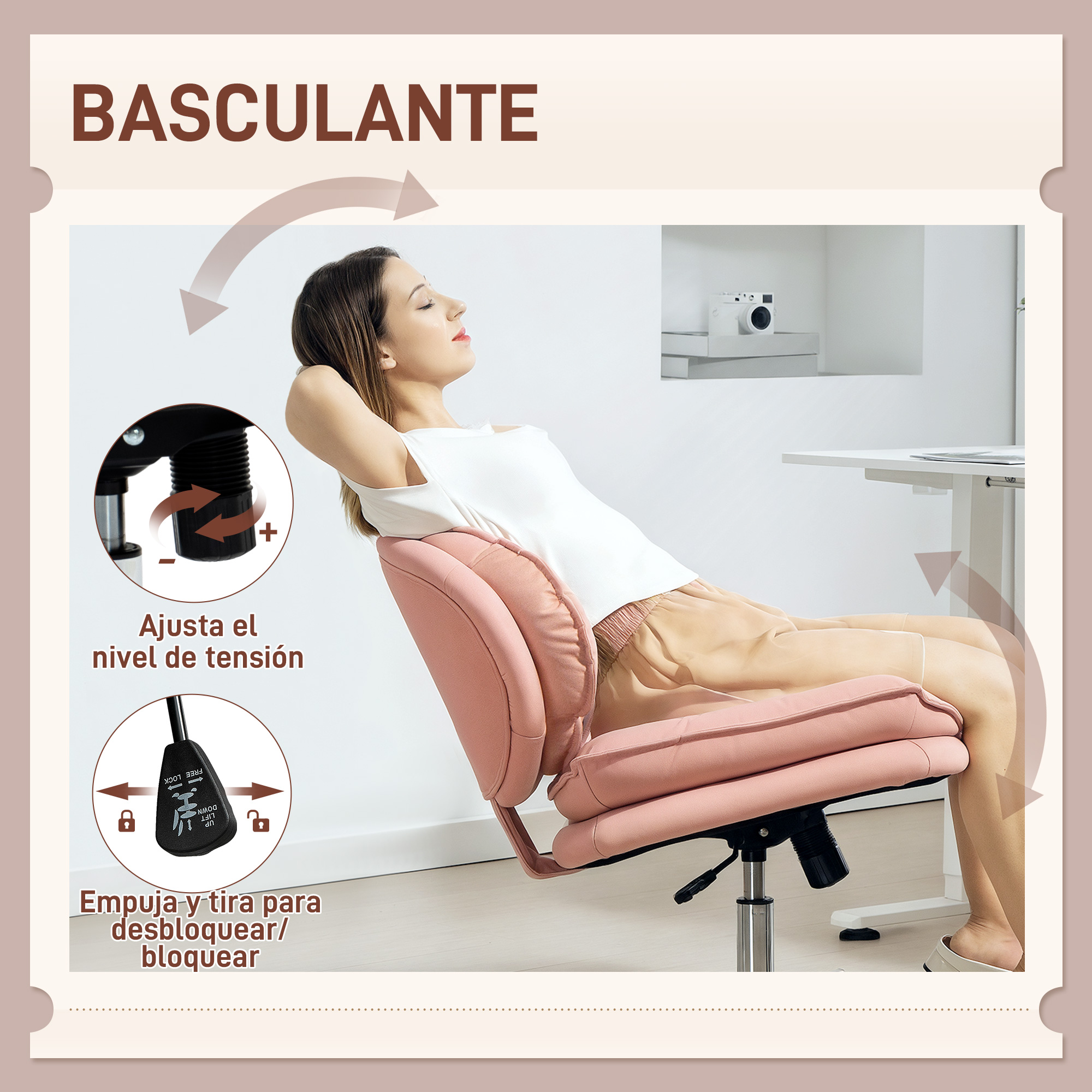 Una mujer se reclina en un sillón rosa, con controles de tensión y bloqueo.
