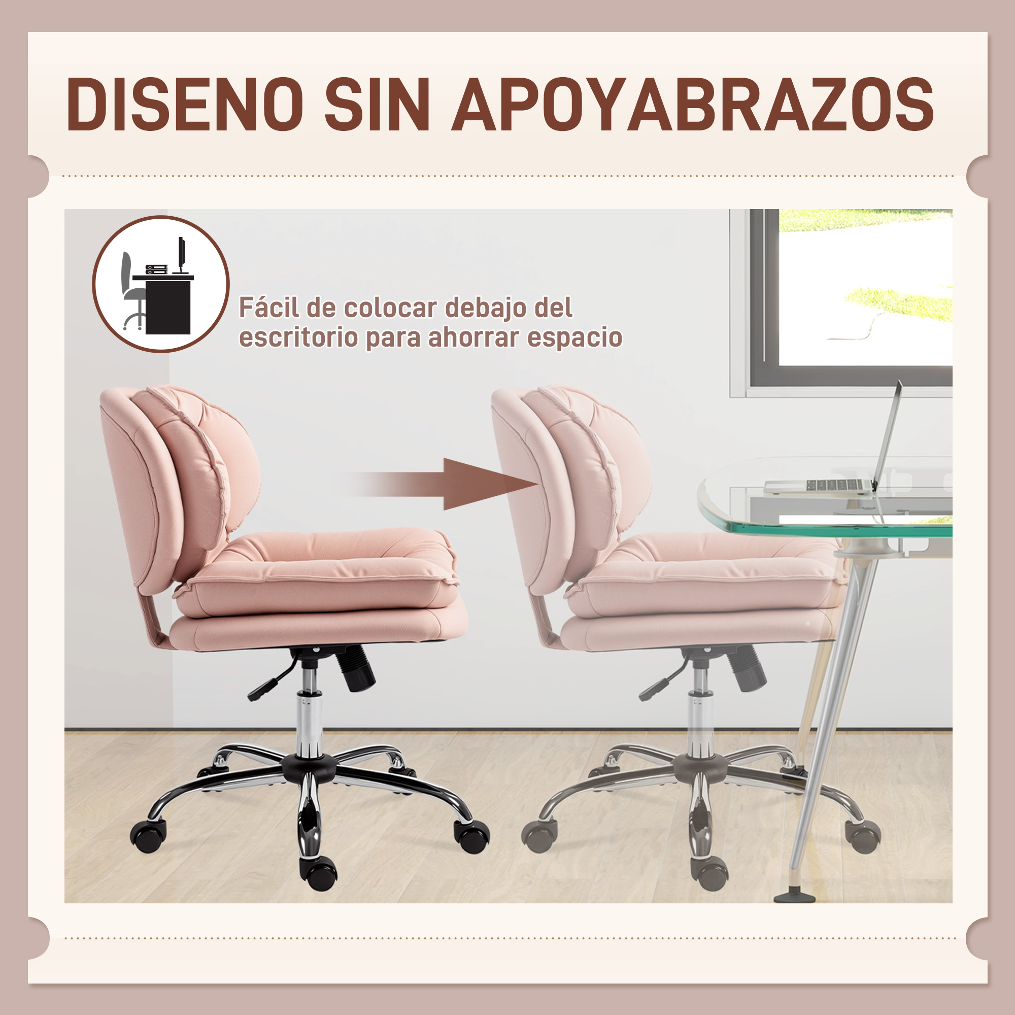 Dos sillas de oficina rosas, una debajo de un escritorio, la otra al lado.